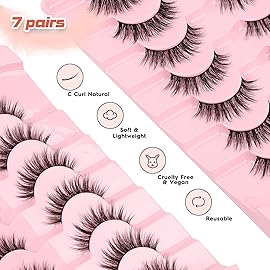 False Lashes Wispy Eyelashes Natural Look 15MM Fake Eyelashes 0.1MM Thin Band Strip Lashes Lightweight False Eyelash 3D Volume Fluffy Eye Lash C Curl Soft Siligli 7 Pair