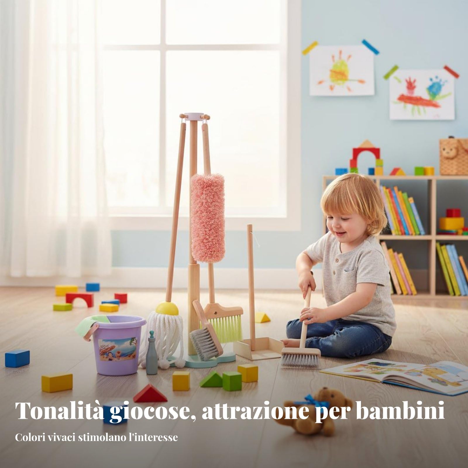 harayaa Carrello Pulizia Bambini con Set Spazzola Scopa Mop Paletta Gioco Immaginazione Realistica Giocattolo Legno Progettato per Allenare Coordinazione Adatto a Casa Centro Infanzia