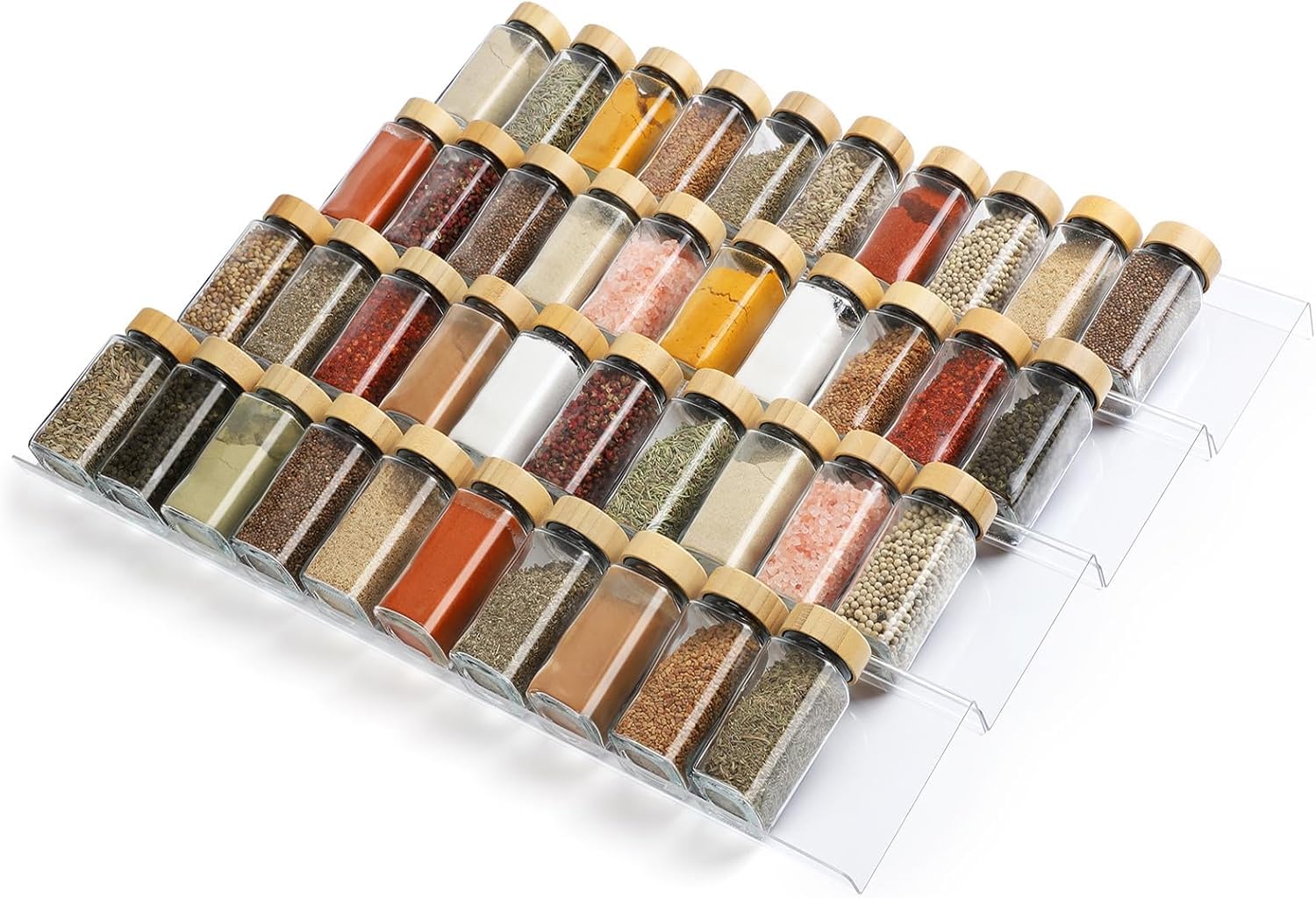 FANASSYY Spice Drawer Organizer Acrylic Seasoning Organizer Rack Clear Spice Rack Tray, Kitchen Seasoning Drawers Insert (Jars Not Included/Expandable From 9 to 18") Tiered Shelf Pack of 8 (Regular)