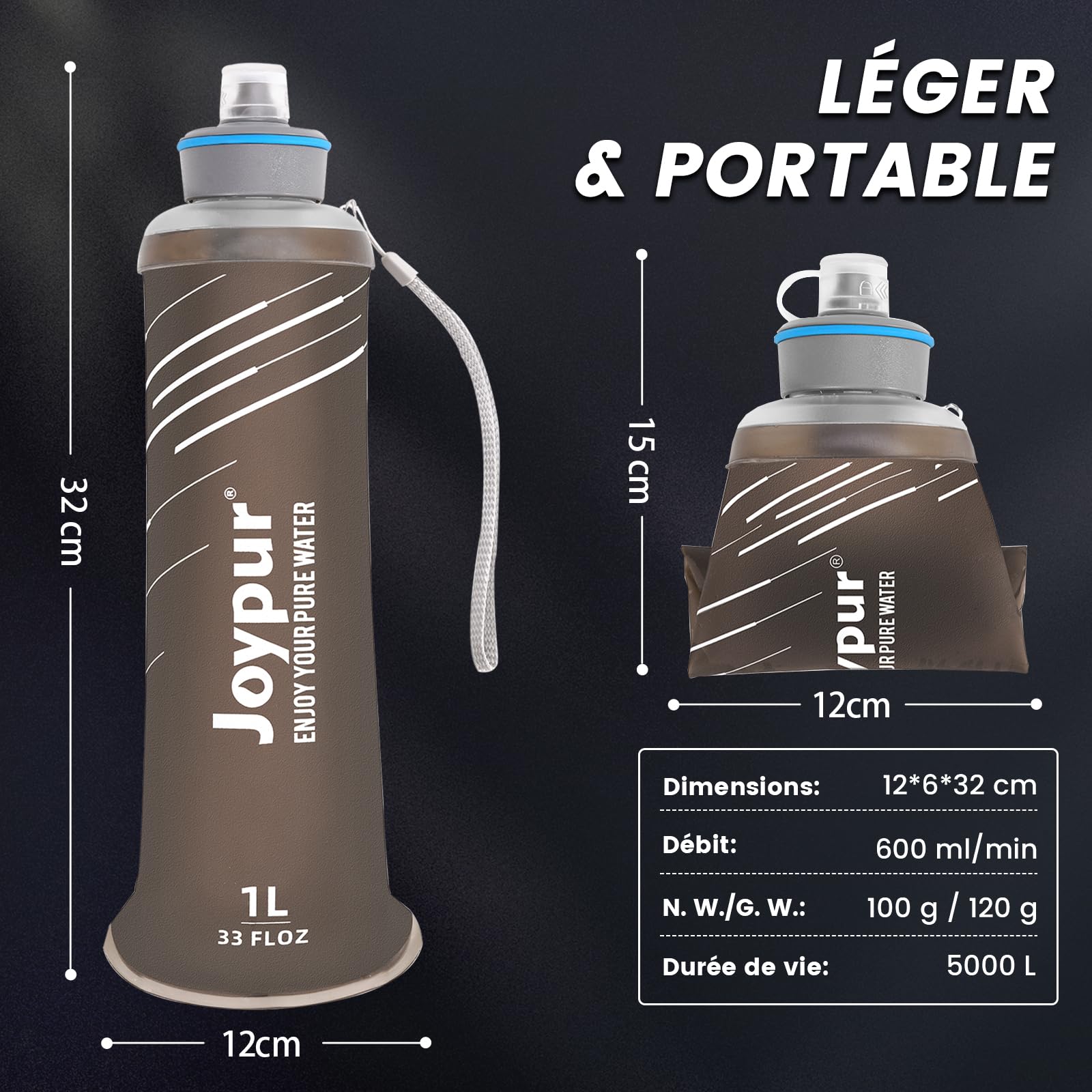 Bouteille Eau Pliable avec Filtre 1000ml, Filtre à Eau Portable 3 Couches, Élimine 99.9999% des Impuretés, Ultra-léger 100g, Pour Randonnée Camping Survie, TPU Qualité Alimentaire (Gris)