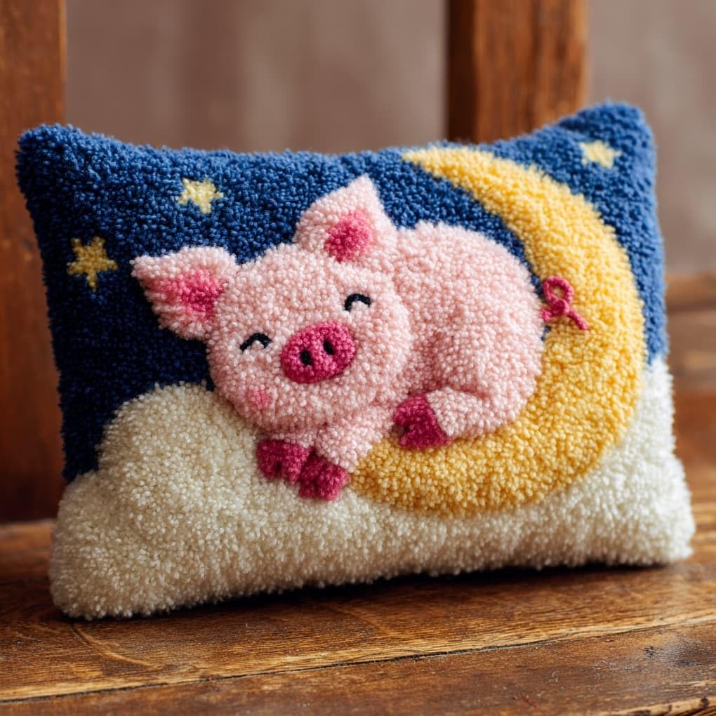 Henypt Latch Hook Kit 17x17 Inch,Pigs on the Moon DIY Cushion Cover Kit for Adults Beginners with Printed Canvas & Complete Tools,43x43cm