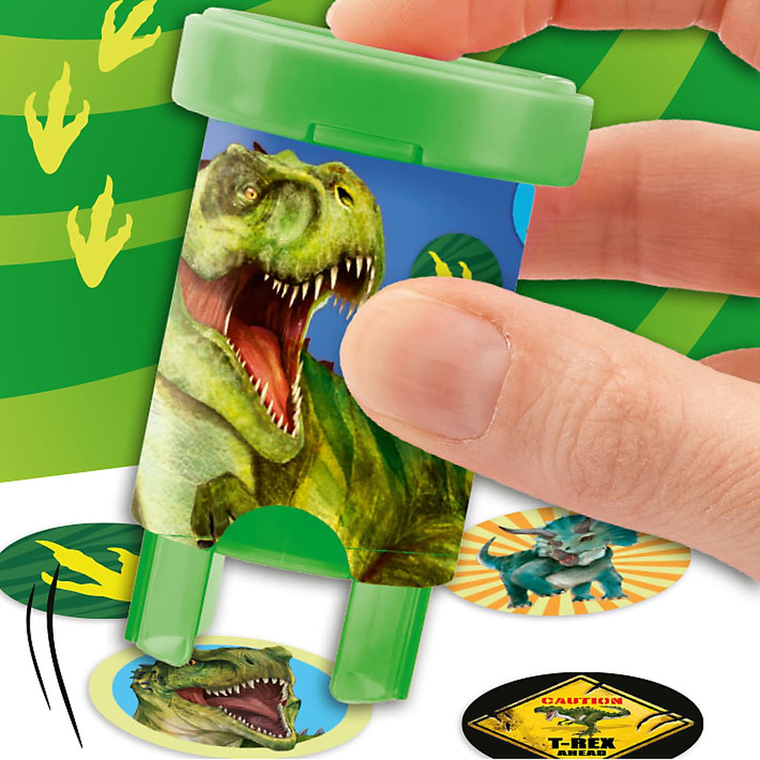 Depesche 13349 Dino World Sticker Stamper - Juego de Pegatinas para Estampar Pegatinas de Dinosaurios, Incluye Sello y 160 Pegatinas