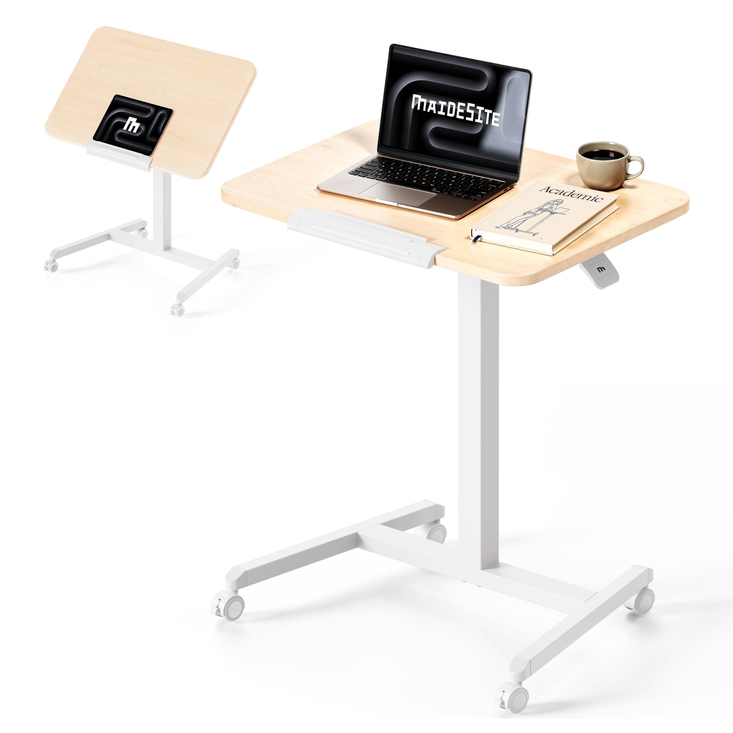 MAIDeSITe Fit Pro Over Bed Table with Wheels, Height Adjustable Desk 76–110 cm, Mobile Laptop Table with 0-90° Foldable Top, Side Table for Sofa Bed, Small Office Desk for Home Office