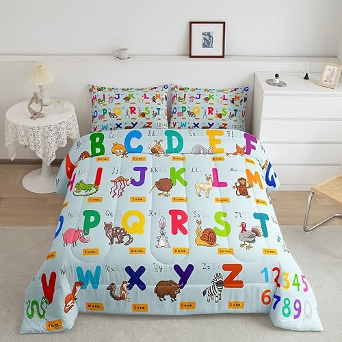 Juego de edredón educativo para niños, tamaño individual, juego de ropa de cama con números del alfabeto ABC para niños y niñas pequeños con bonito