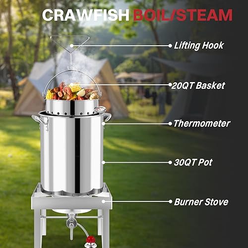 Miniatura 6 de Kit de freidora de pavo 30QT  Acero inoxidable  Cubierta  Skimmer  Quemador de 50,000 BTU  Freidoras al aire libre con cesta  Olla para hervir