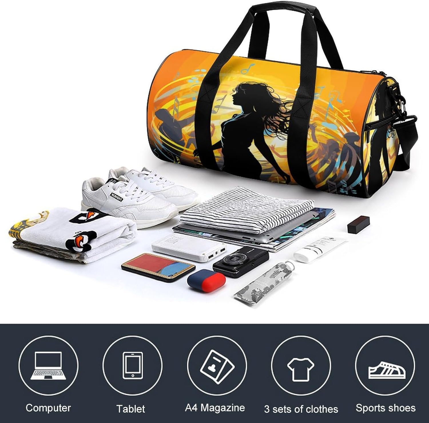 Aesthetic Sports Bag for Women Dance Music Printed Duffle Travel Bag for Men Women Mini Workout Bags Cylindrical Gym Bag