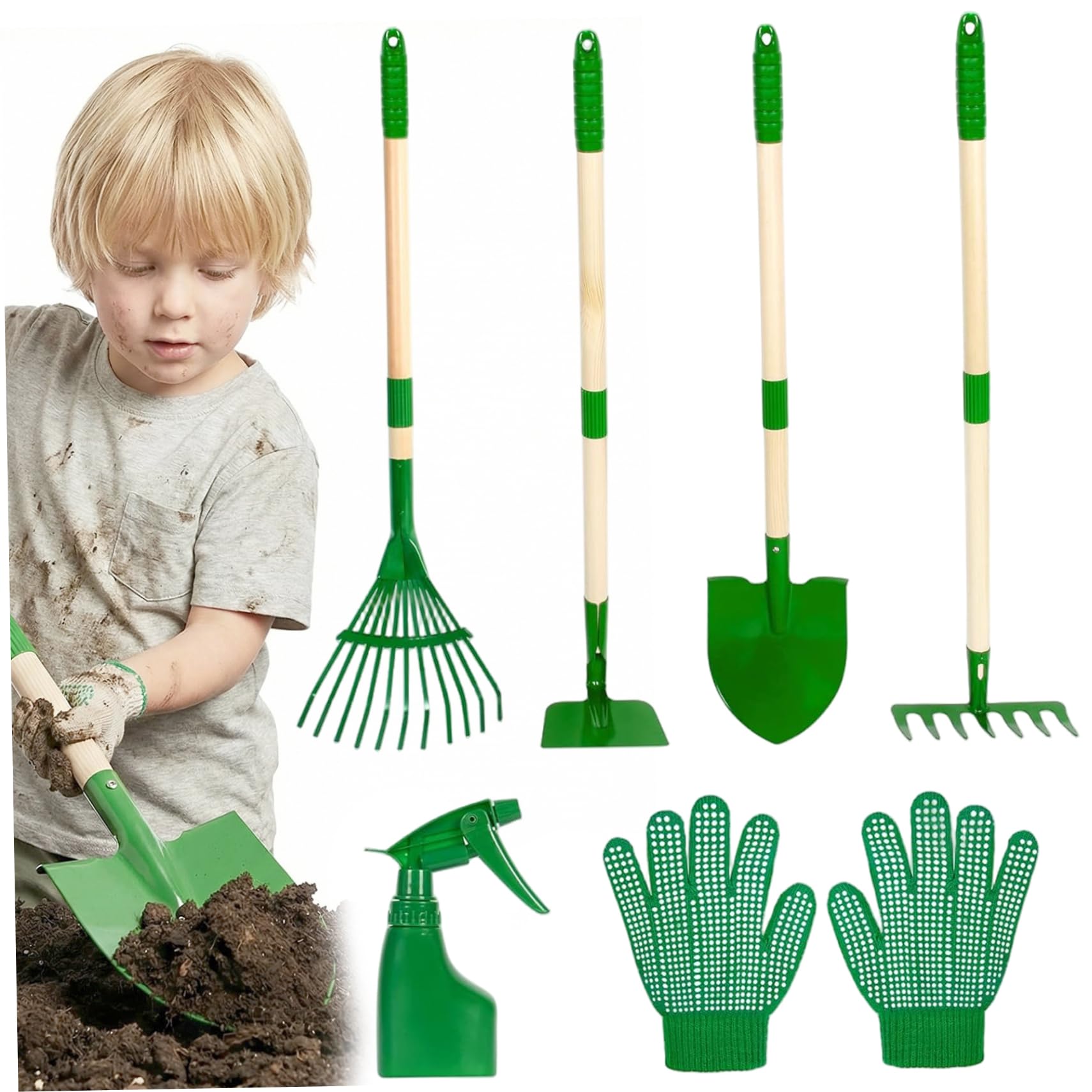 Set da 6 Attrezzi da Giardinaggio per Bambini, per Ragazzi e Ragazze dai 3 Anni in su, Verde, con Pala rastrello Manico in Legno Teste Metallo, Set di Giocattoli da Giardino per Esterni
