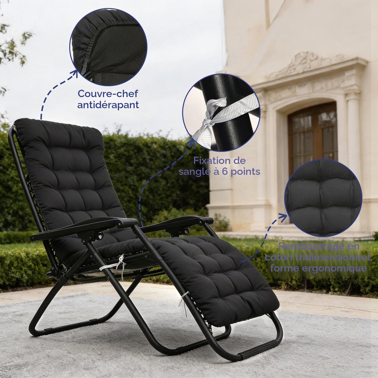 Coussin pour chaise longue - 170 x 53 x 8 cm - Épaisseur : 170 x 53 x 8 cm - Pour chaise longue - Avec cravate - Pour vacances, intérieur et extérieur - Noir