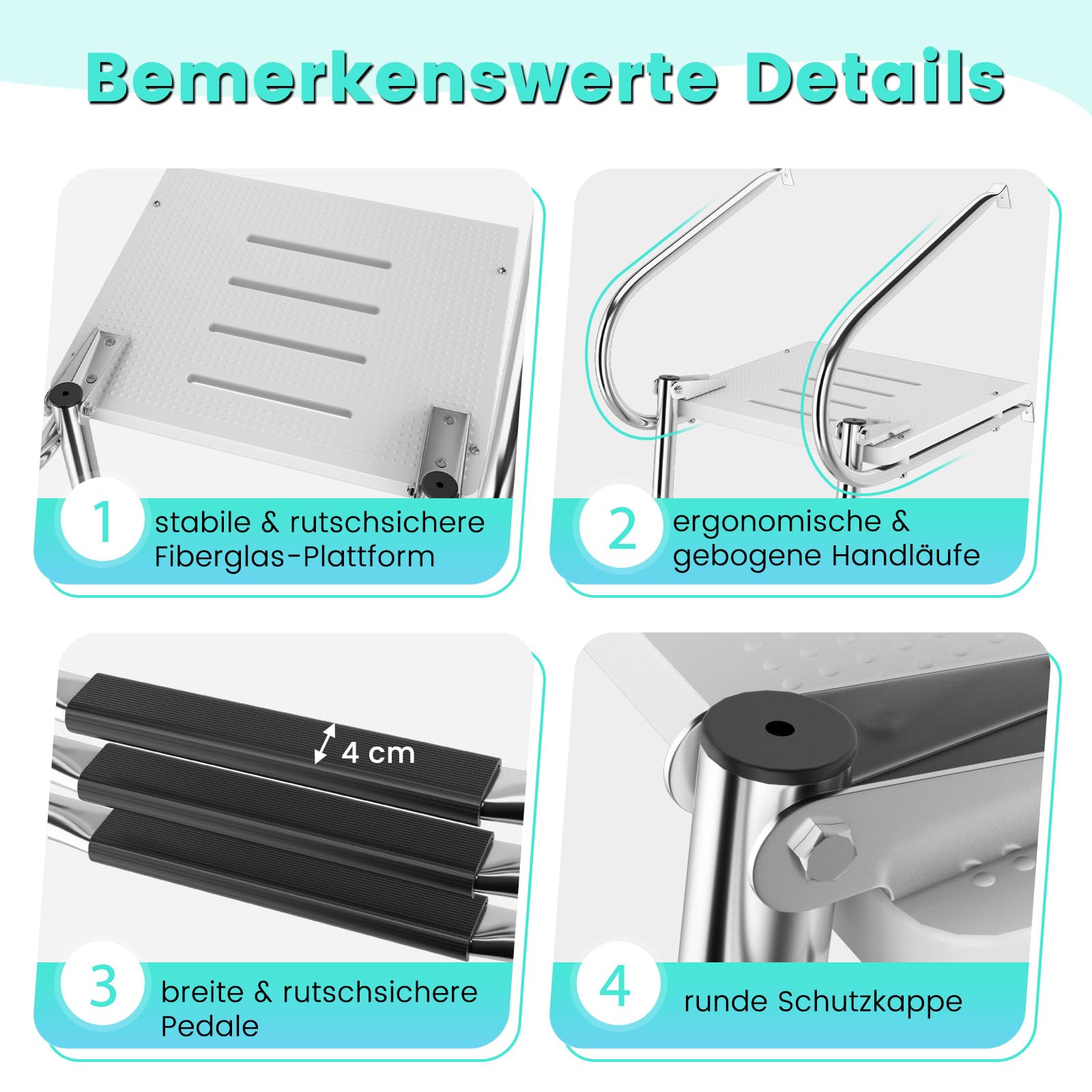 COSTWAY Badeleiter Boot, Poolleiter mit 3 Stufen, Handlauf & Plattform, klappbare Bootleiter aius Edelstahl, Schwimmbadleiter bis 227 kg belastbar für Yachten