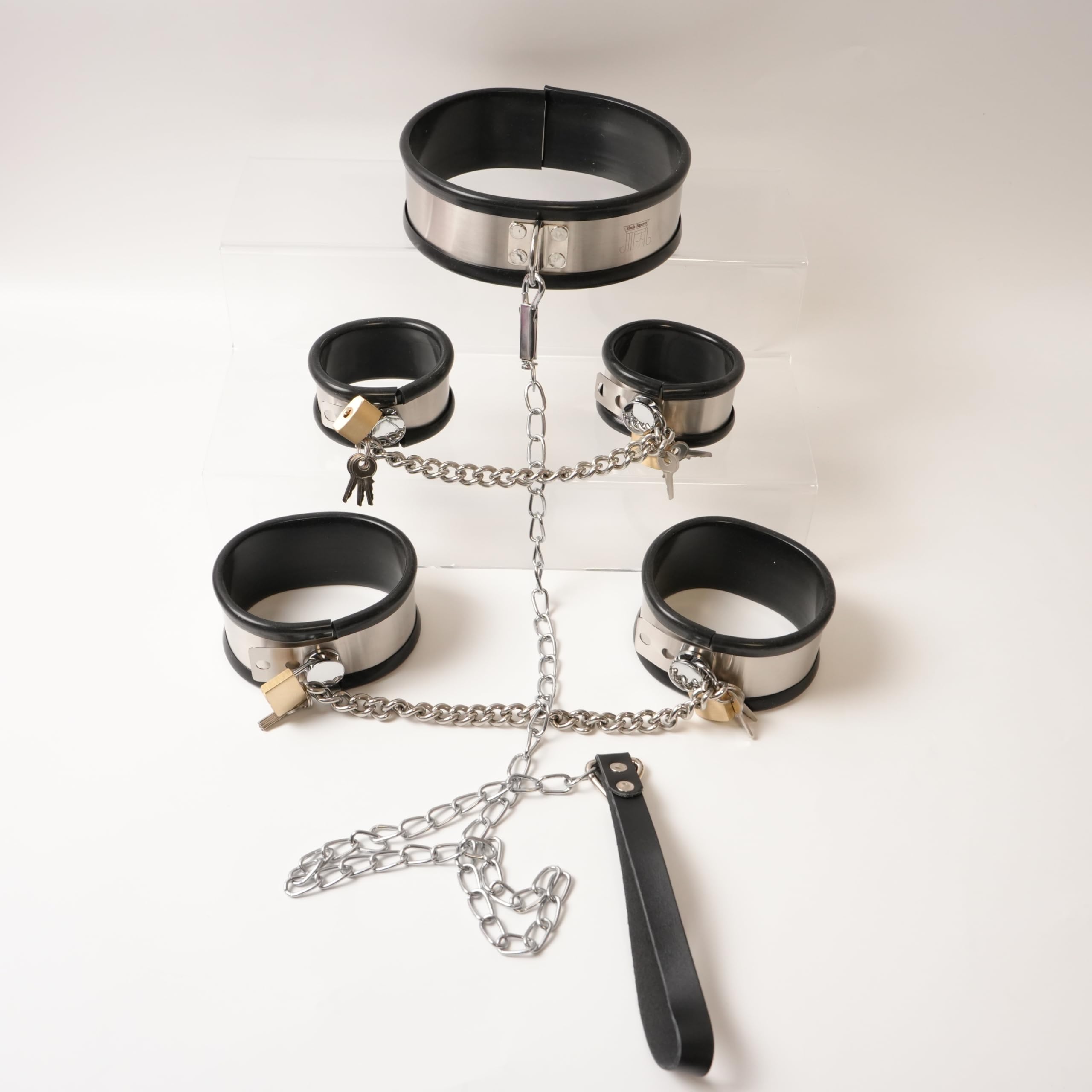 Kit BDSM féminin menottes entraves et collier acier inoxydable et silicone