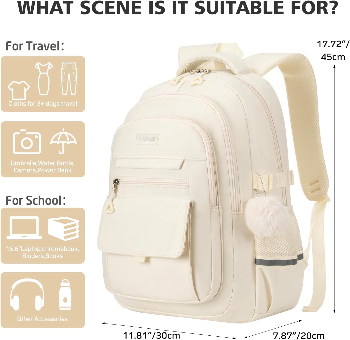 Cute Teen Girls Backpack, Big Student School Backpack Laptop Bookbag for College Women Aesthetic Middle High School Bag, Mochilas Escolares, Beige - Image 3