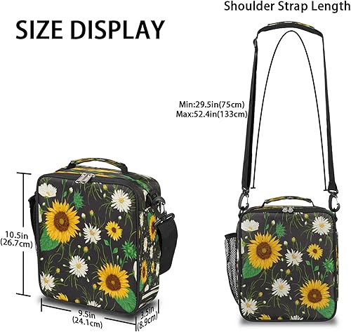 Miniatura 4 de AUUXVA Bolsas de almuerzo con diseño de margaritas de girasol para niñas y niños, con flores blancas, térmica, con correa ajustable, a prueba de