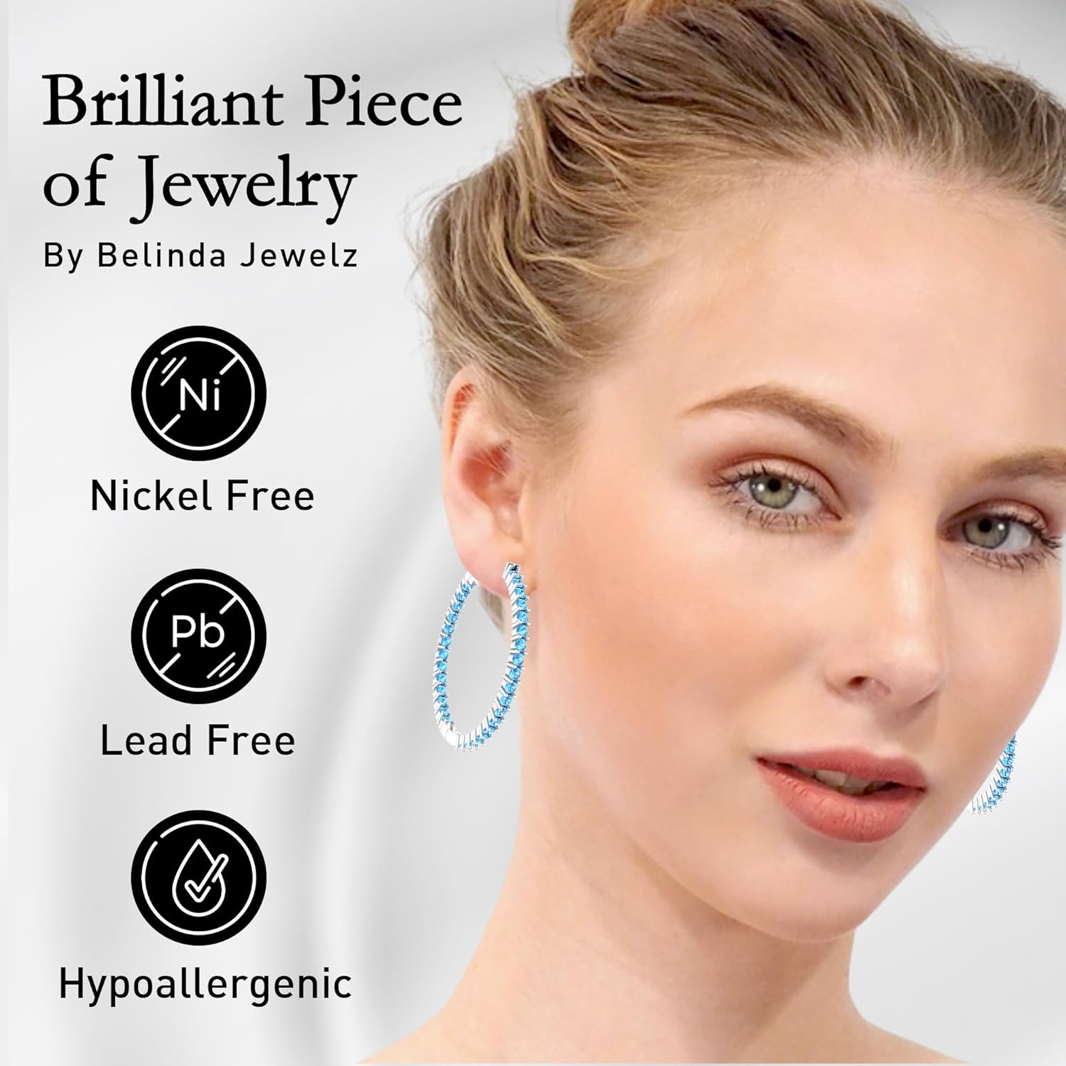 Hoop Earrings, Eternity Earrings with 62 Colored Gemstones, Birthstone Eternity Earrings Women, 925 Sterling Silver Women's Jewelry with Push Back Closure, 1.73”