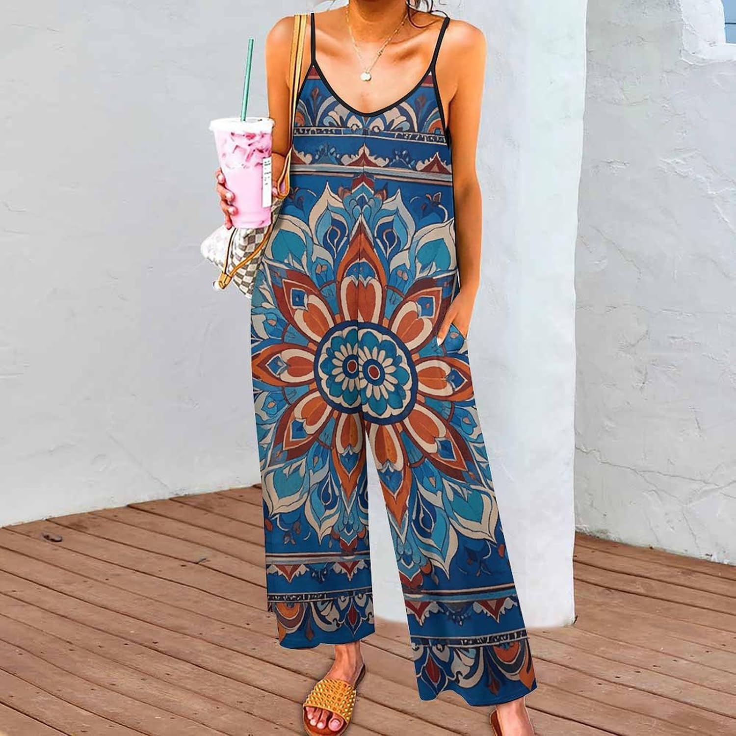 Jumpsuits for Women Big Blue Mandala Romper Adjustable Strap Sleeveless Casual Loose Overalls 3XL