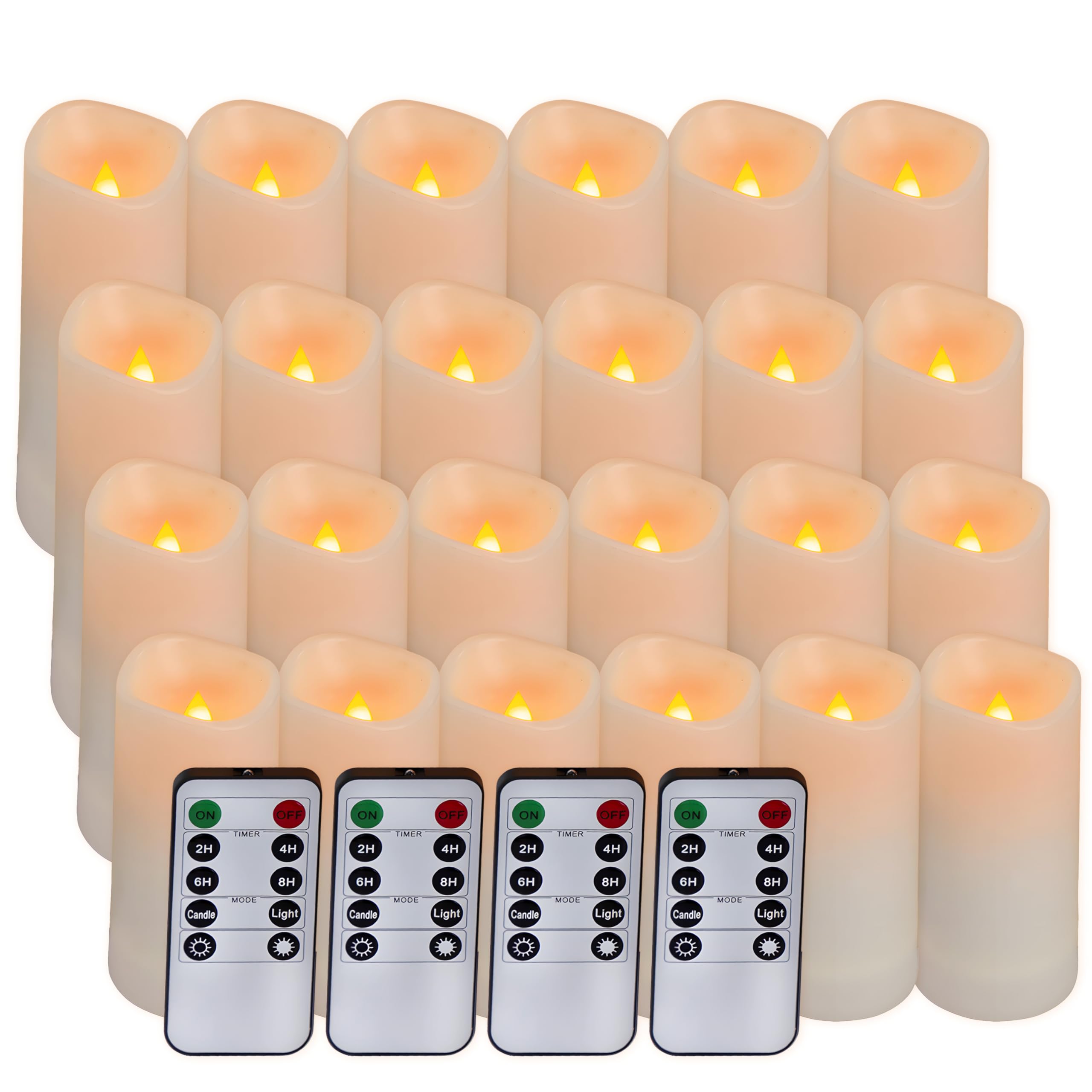 Aignis 24pcs Flameless LED Candles Battery Operated with 10-Key Remote Timer, Outdoor Waterproof Electric Lights, Warm Flickering Glow for Cozy Home/Wedding/Holiday Décor (D2.2'' x H4''/5''/6''/7'')
