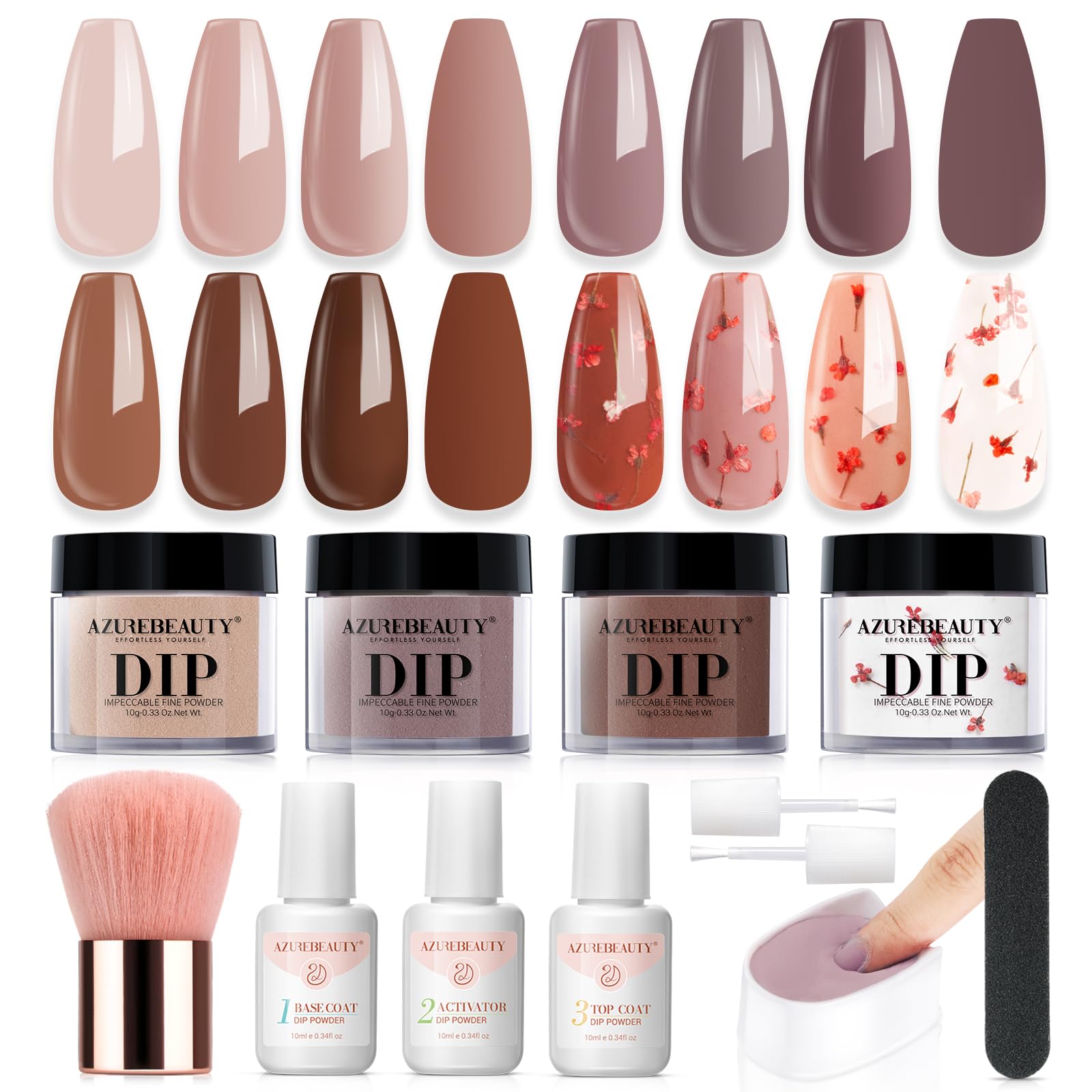AZUREBEAUTY 4 Colors Dip Powder Nail Kit Starter Nude Brown Grey Dipping Powder Liquid Set with Base Top Coat Activator Dip Dried Flowers for French Nails Art Manicure DIY Salon