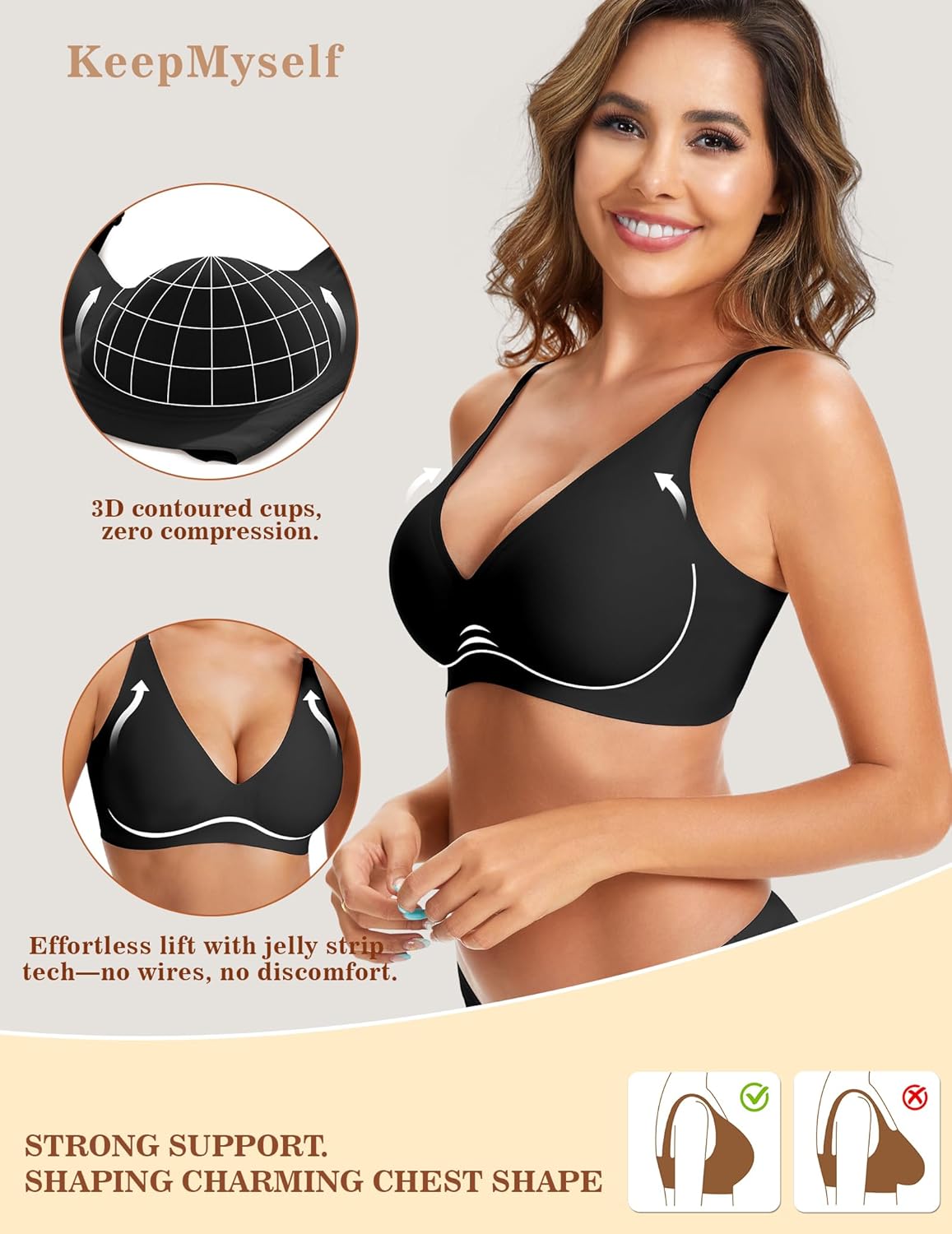 Women's Deep V Push Up Bra - Low Cut Wireless Bralette, Seamless No Underwire with Support Lift & Smoothing for Tshirt Invisible Comfort - Black L - Image 5