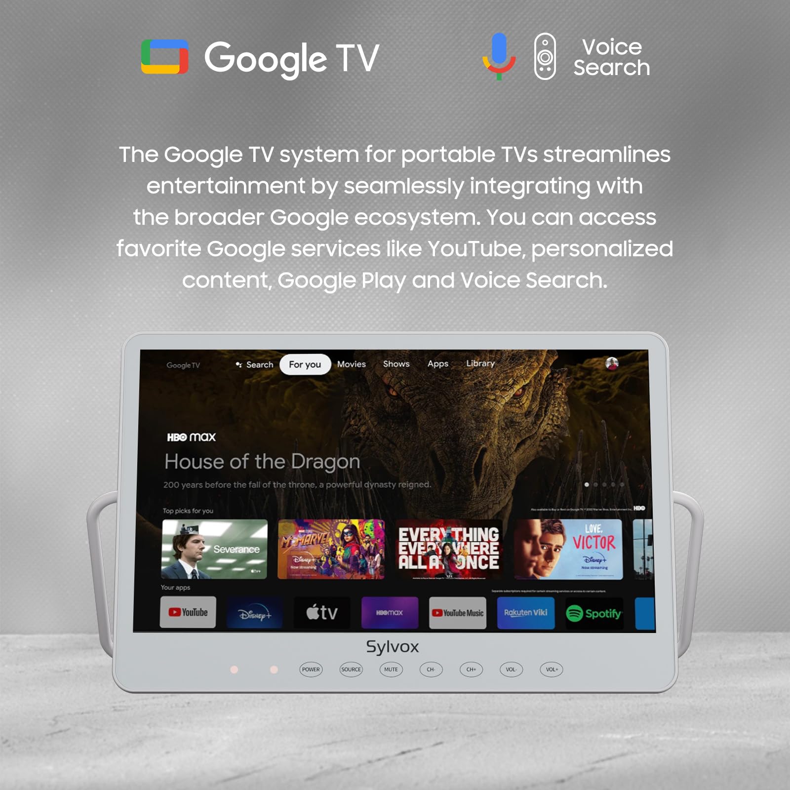 SYLVOX Televisor portátil de 15,6 pulgadas | Google TV, batería de 10000 mAh (6 h de tiempo de funcionamiento) | IP66 resistente al agua | USB, WiFi, Bluetooth | 12 V pequeño televisor exterior para