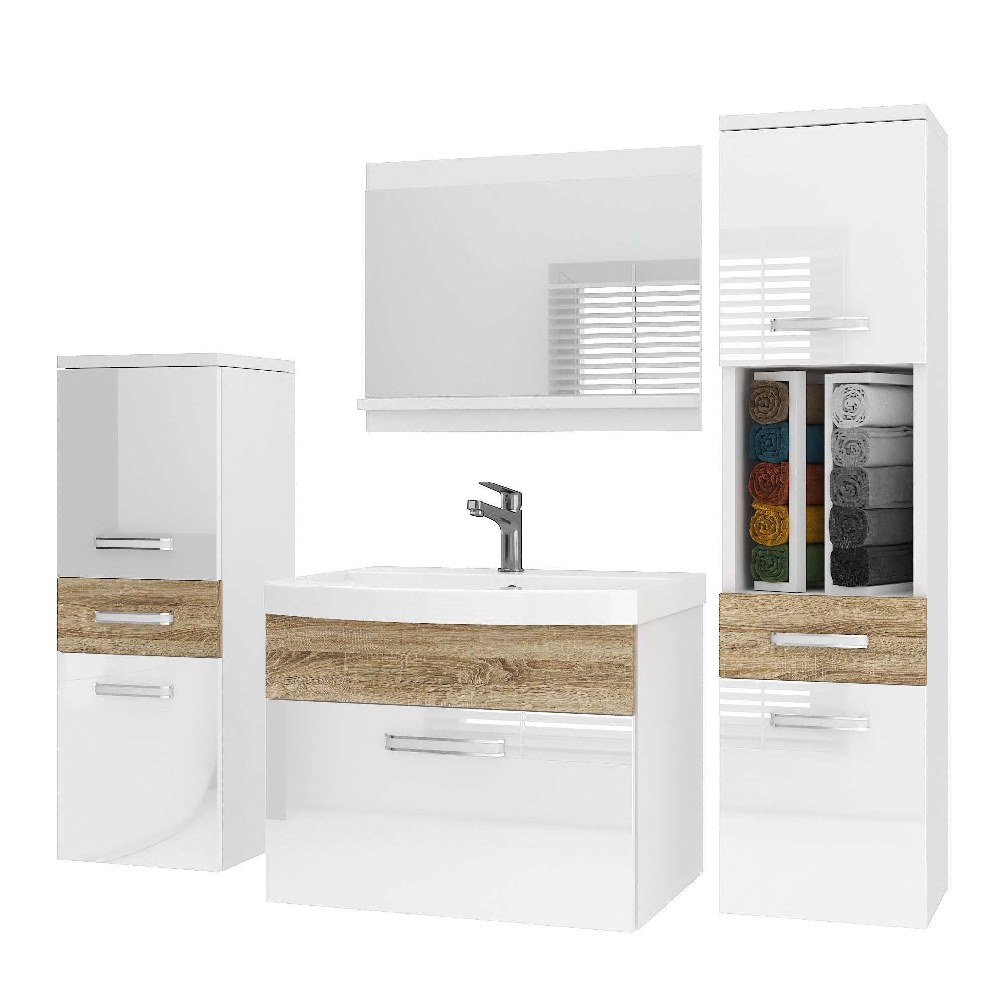 Belini PRIPM5 Szafka łazienkowa pod umywalkę 120 cm biało-dąb Sonoma | Meble łazienkowe Sonoma White-Dąb, montaż ścienny, mechanizm soft-close, panel drewniany FSC, umywalka i lustro w zestawie