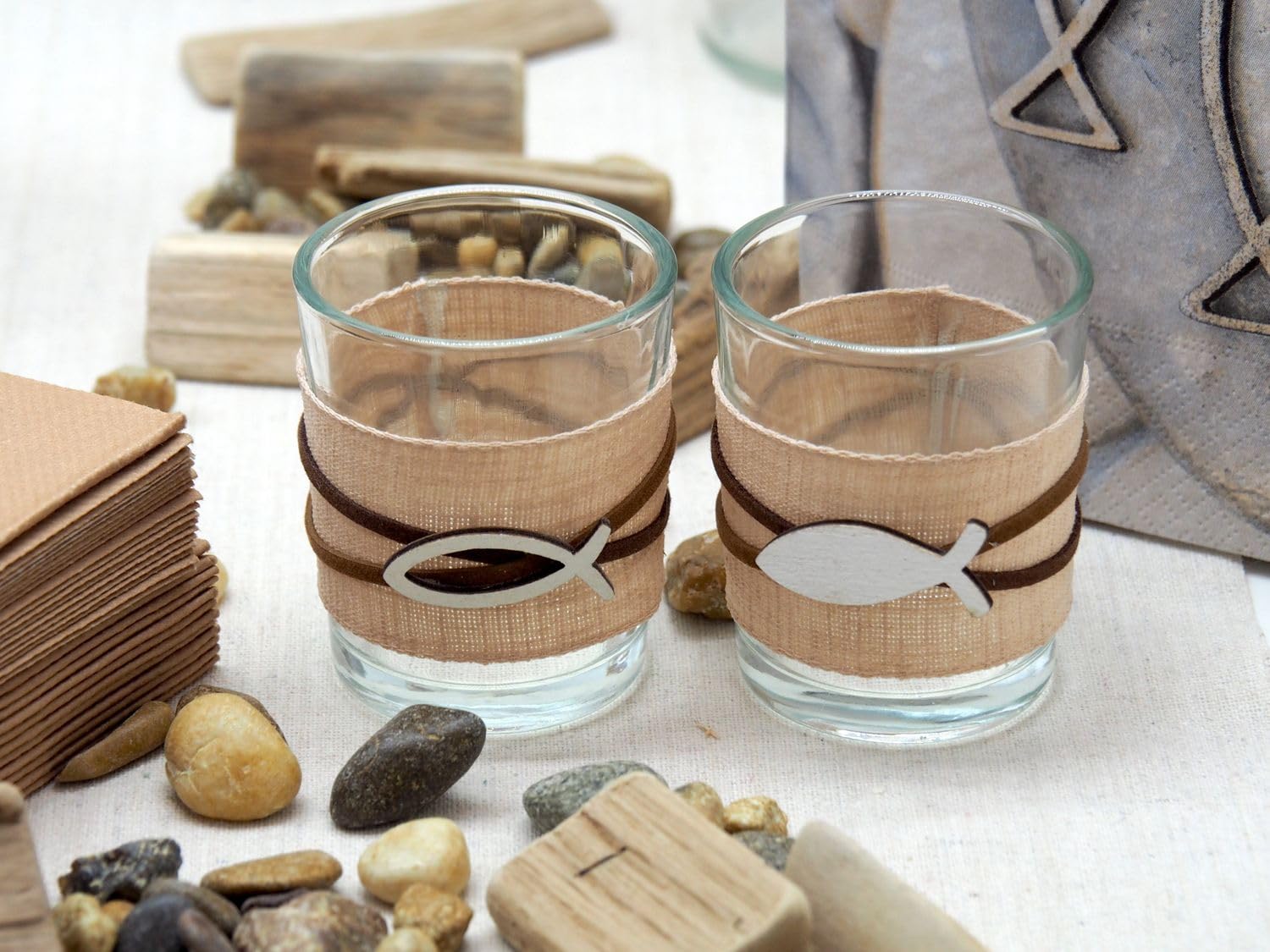 ZauberDeko Tischdeko Kommunion Konfirmation Natur Braun Fisch Stein Holz Set 20 Personen