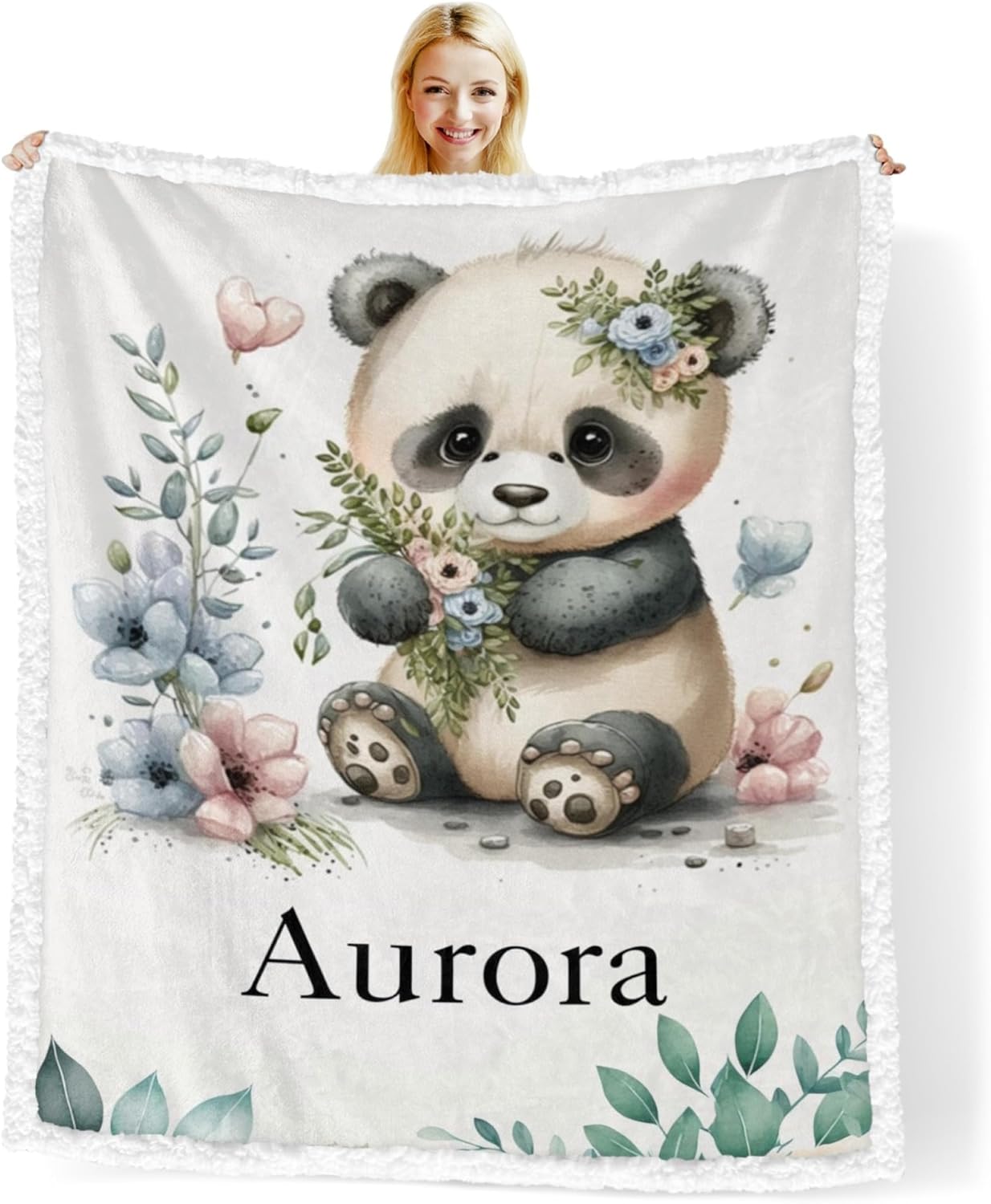 Custom Baby Blanket with Name Panda Sherpa Blanket Personalized Baby Blankets for Boys Girls Newborn Nursery Baby Blankets Unisex Receiving Blankets Girl Boy Toddler Blankets Soft Fleece
