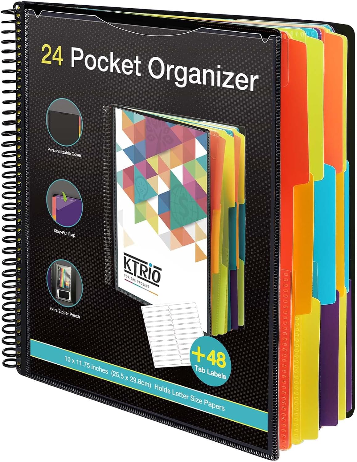 KTRIO 24 Pocket Poly Project Organizer, Binder Organizer Spiral Project Folder Multi Pocket Folder Binder with Pockets Letter Size, Back Cover Utility Pouch, 6 Tab Color Dividers, School Supplies