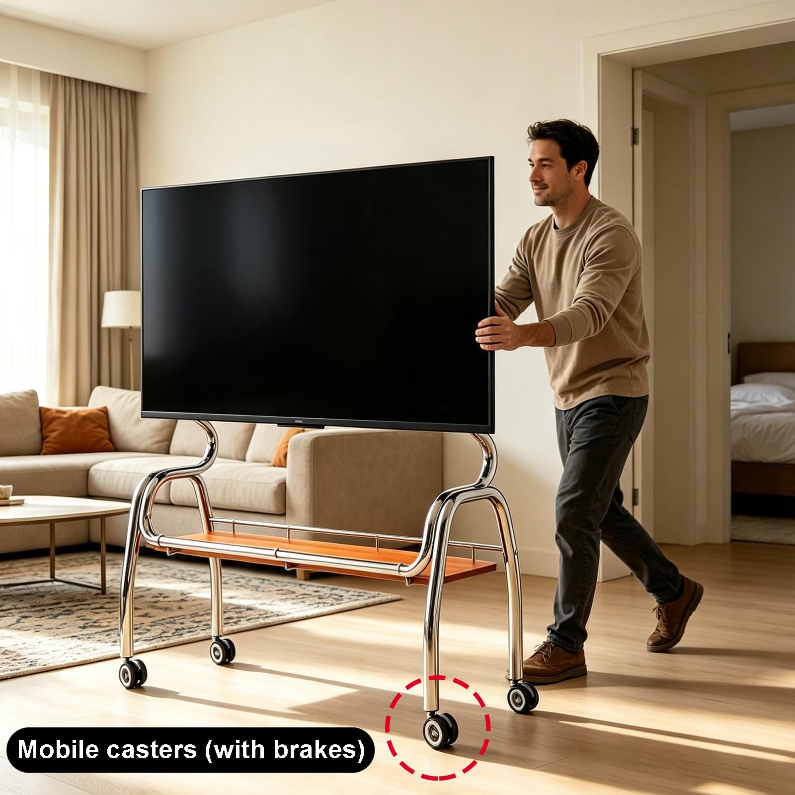 Supporto TV Mobile, Carrello TV Portatile Autoportante | Ruote Bloccabili a 360°, Ripiano Portaoggetti, Compatibile con TV Piatti da 32–75 Pollici(White,120cm/47in)