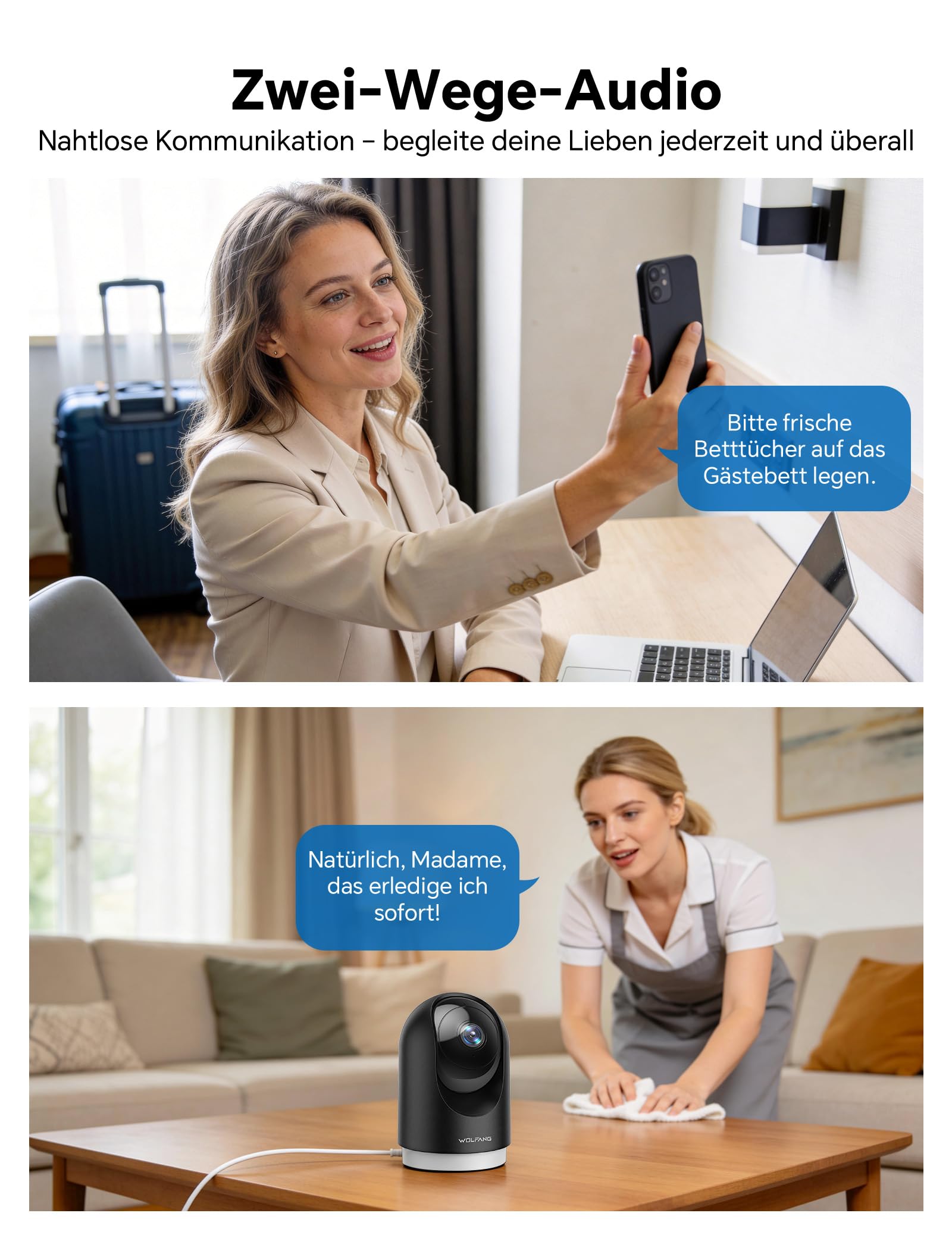 WOLFANG Überwachungskamera Innen 2K, WLAN Kamera Innen mit 360° PTZ, Auto-Tracking & Nachtsicht, Hundekamera mit 2-Wege-Audio, Kompatibel mit Alexa & Google Home
