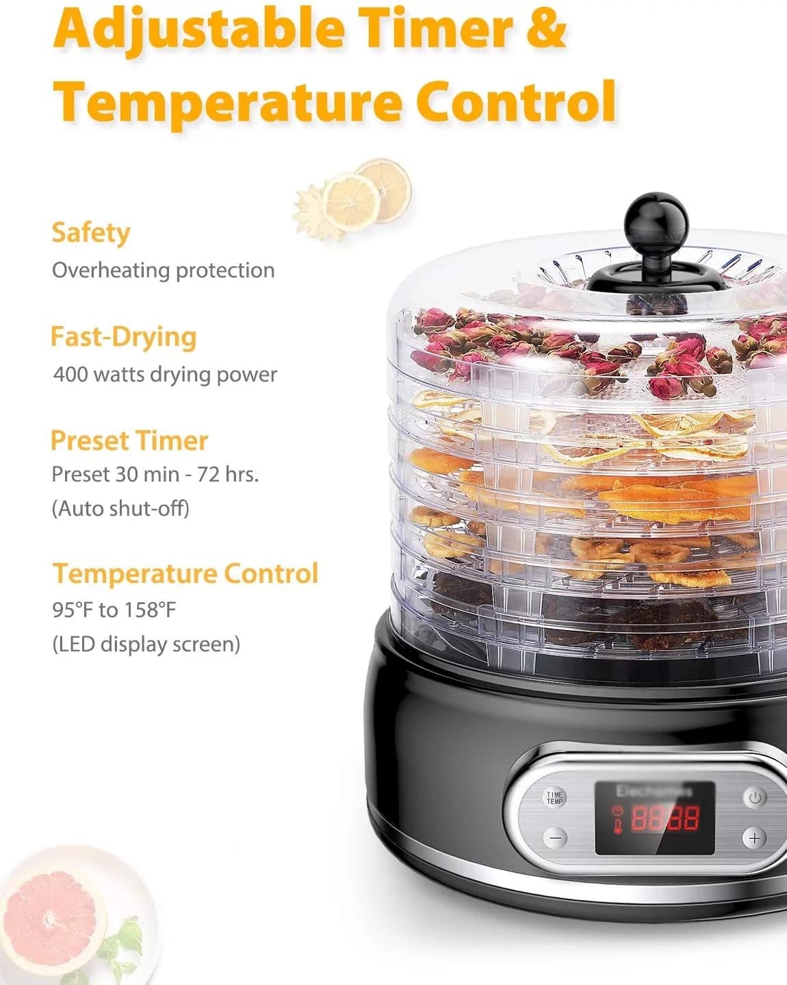 Deshidratadores para Alimentos y cecina, Temporizador Digital Ajustable y secador con Control de Temperatura Deshidratadores para Alimentos y cecina, Hierbas, Carne, Frutas, Verduras