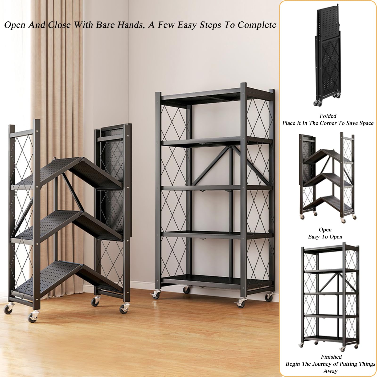 Scaffale pieghevole a 5 ripiani con ruote, scaffale in metallo per cucina, garage, bagno, non richiede montaggio, versatile, nero