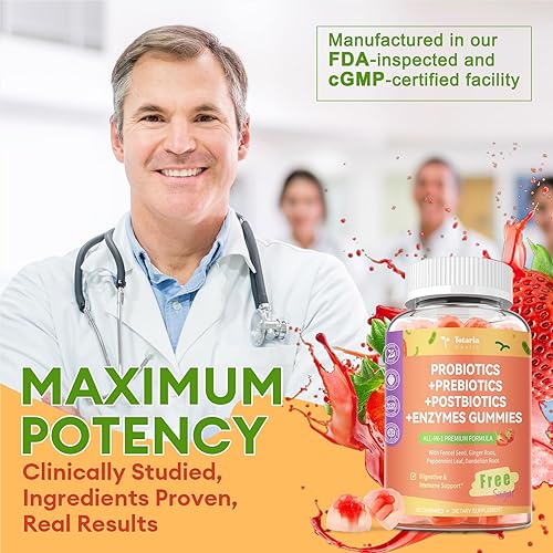 Miniatura 6 de Totaria Gomitas prebióticas prebióticas 5 en 1 sin azúcar, 36 cepas de probióticos para mujeres y hombres con enzimas digestivas, menta, inmune