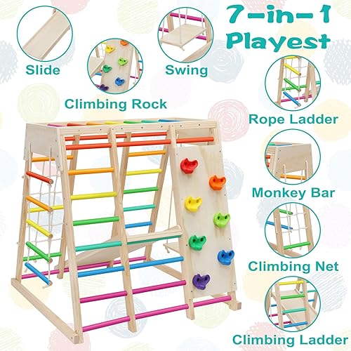 Miniatura 3 de EDOSTORY 7 en 1 Pikler - Juego de gimnasio para interiores, escalador Montessori de madera con tobogán, pared de escalada en roca, barras de mono,