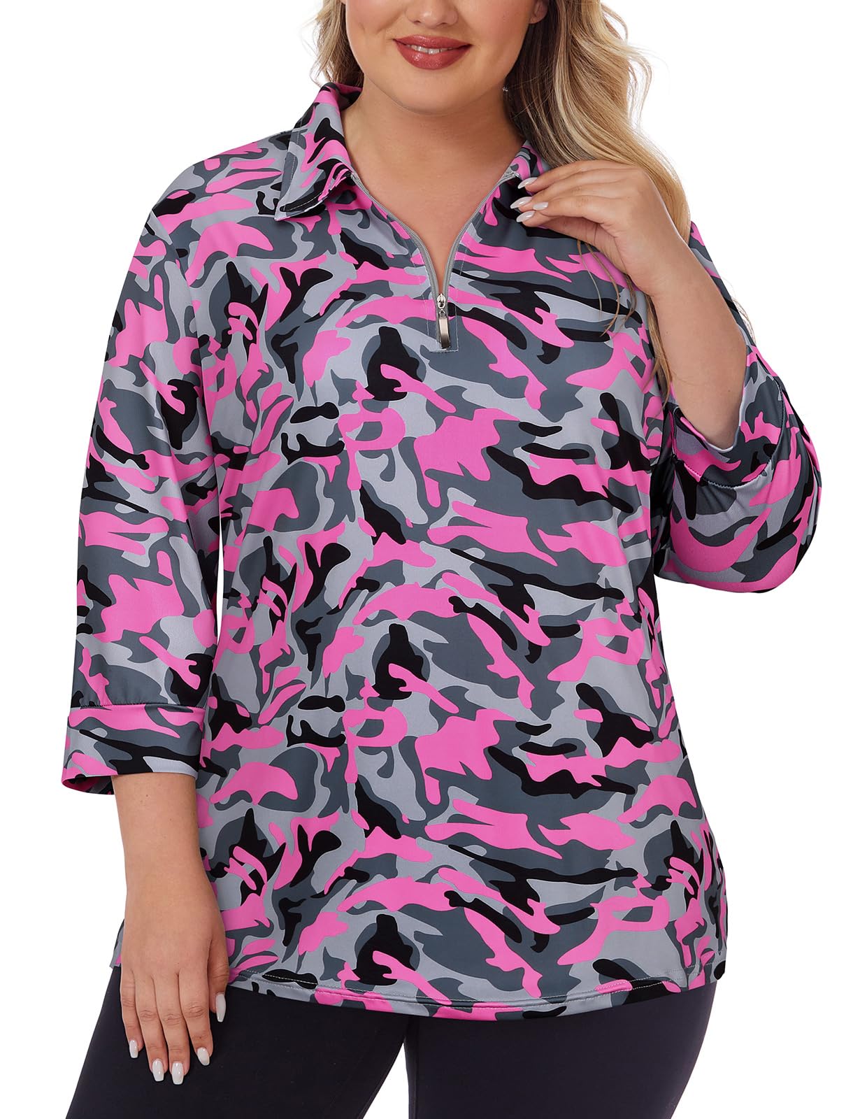 Viracy Plus Size Womens Golf Polo Shirts 3/4 Sleeve Zip Up Quick Dry Workout Tops