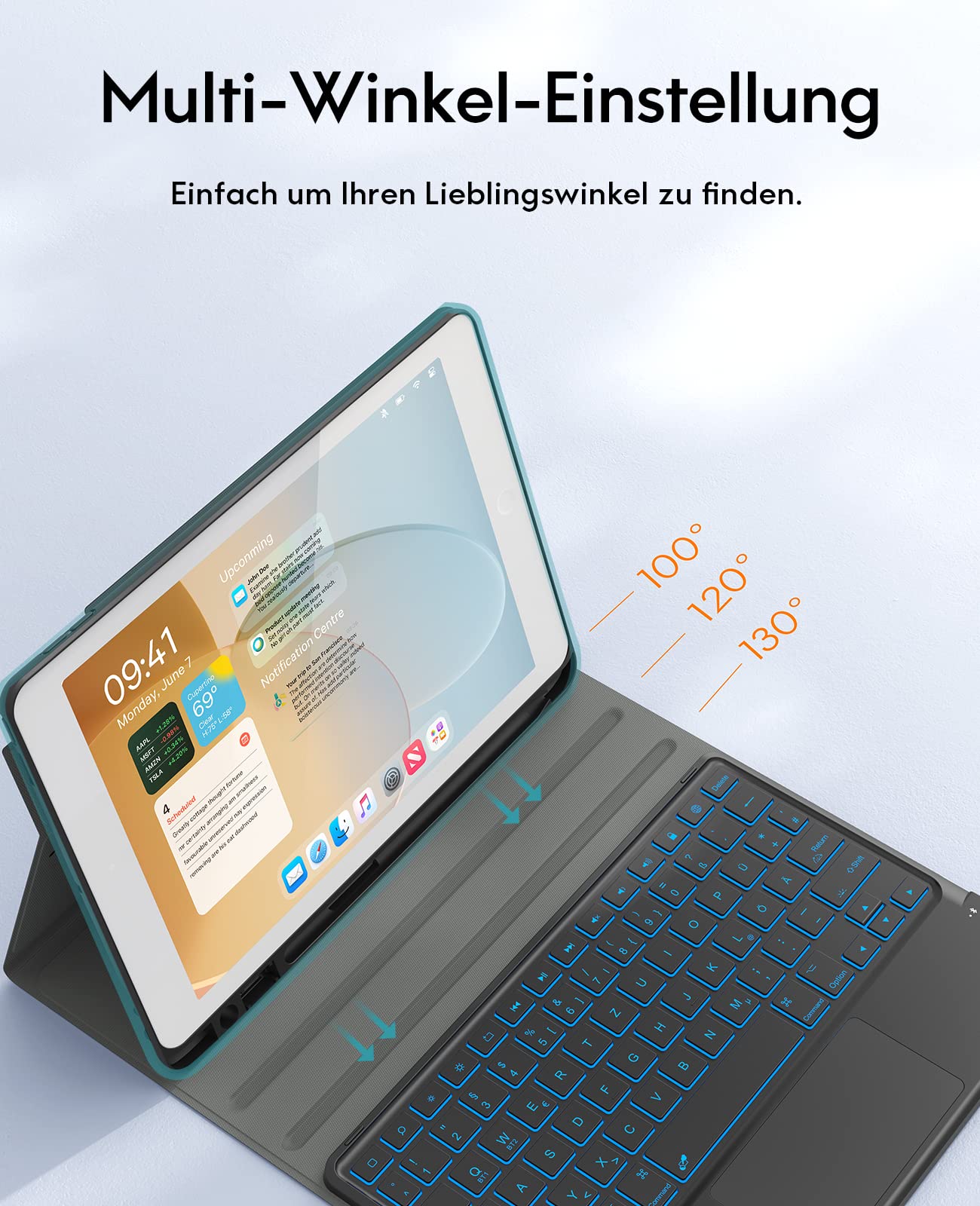 CHESONA Tastatur Hülle für iPad 10.2 Zoll 9/8/7 Generation | 7-Farbige Beleuchtung, 2 BT Kanäles, Wiederaufladbar Abnehmbare QWERTZ Tastatur, Schwarz