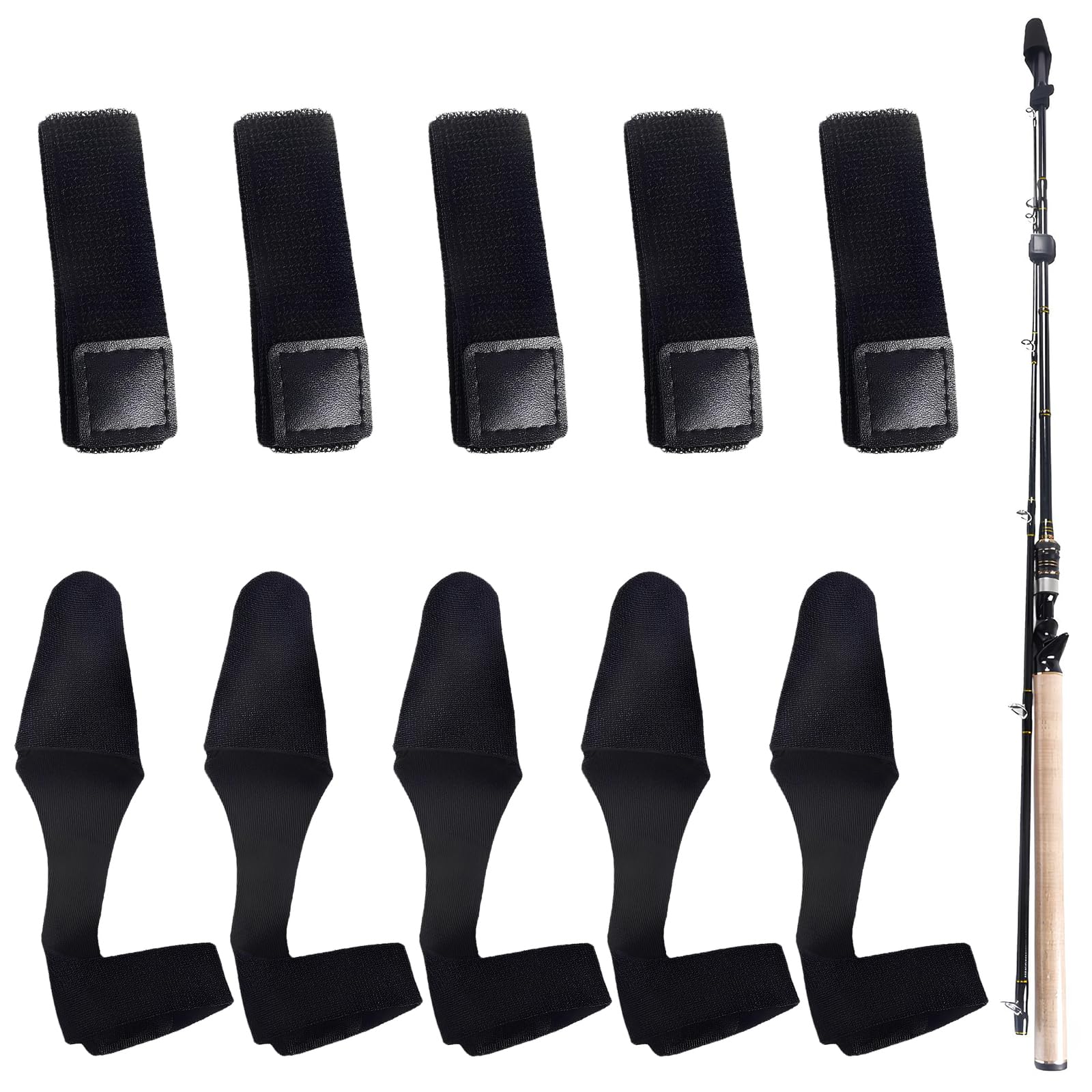 Bandas para caña de pescar, 5 pares correas velcro, accesorios pesca, negro, calcetines elásticos