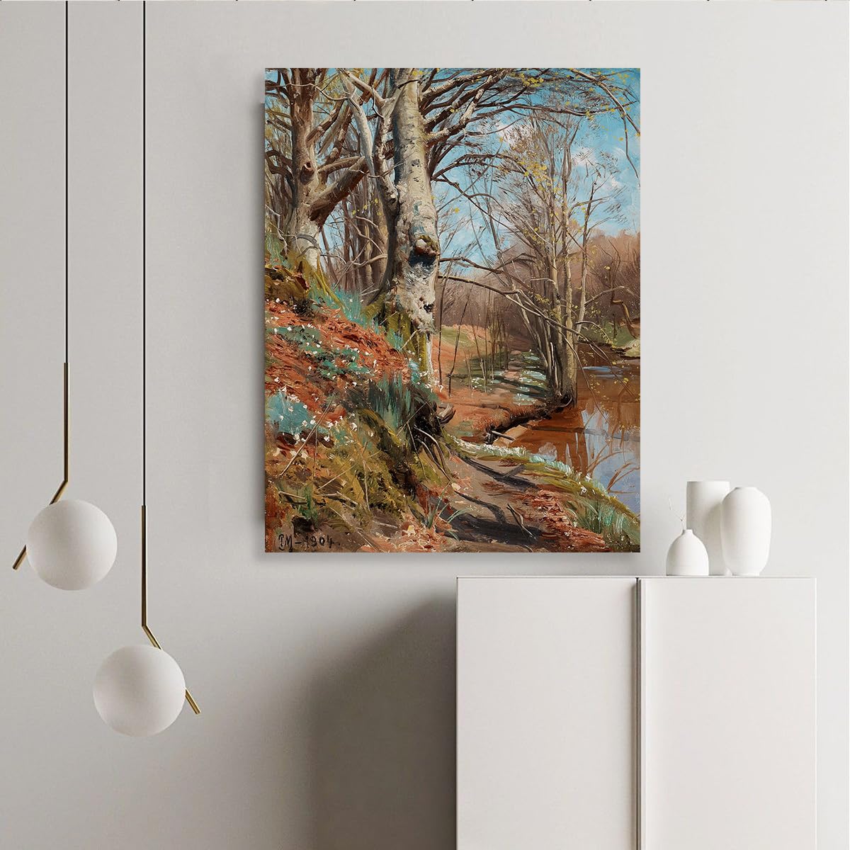SHENGPOSTER Wiosenny Krajobraz Plakat Na Płótnie Rustykalny Las Brzeg Rzeki Drzewa i Dzikie Kwiaty Druk Giclee Sztuka ścienna Do Salonu Sypialnia Wystrój Bez Ramki 85 x 110 cm