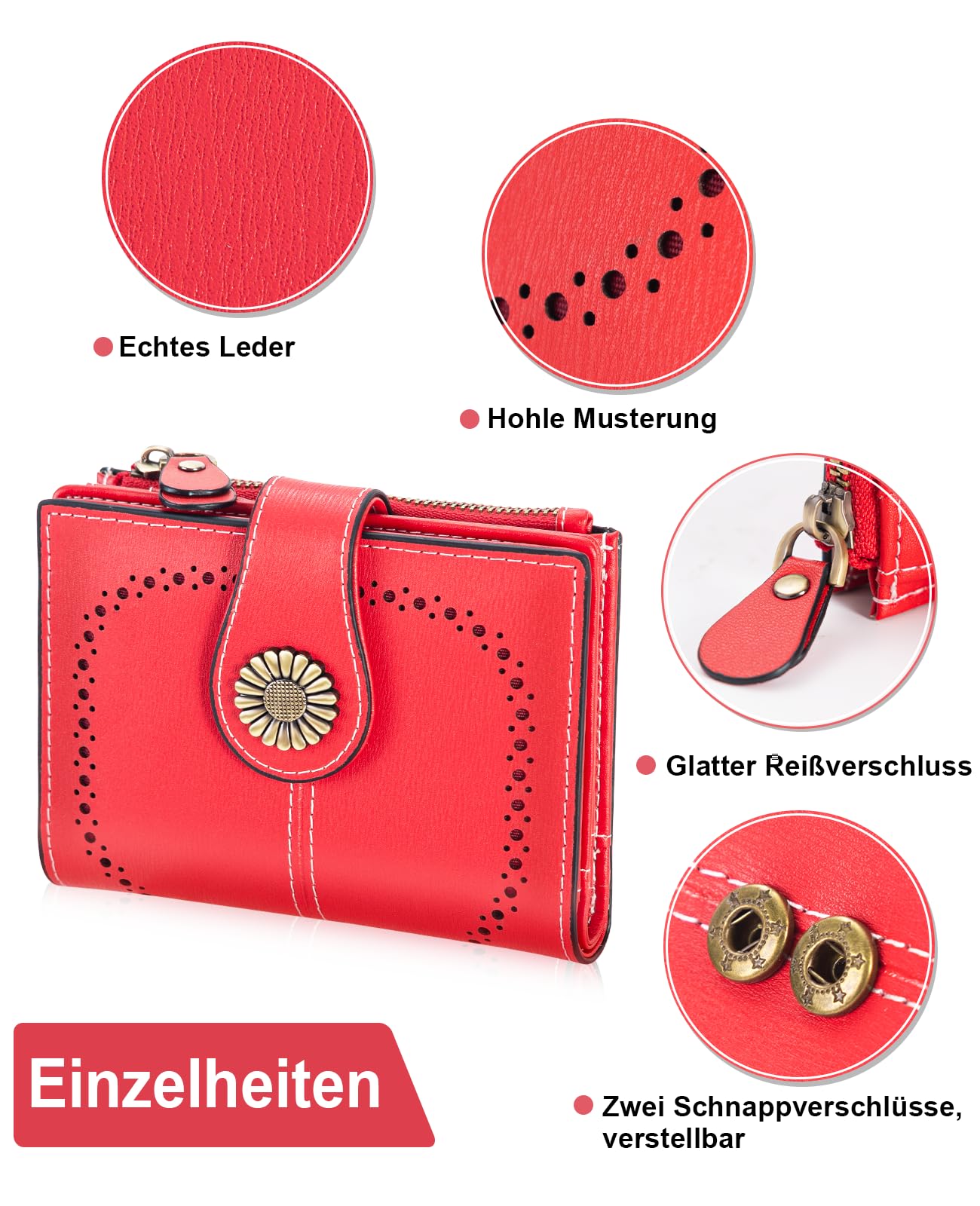 UNOSEKS Portafoglio da donna piccolo con protezione RFID, in vera pelle, con tripla portafogli da donna, Colore: rosso, M-03, Classico