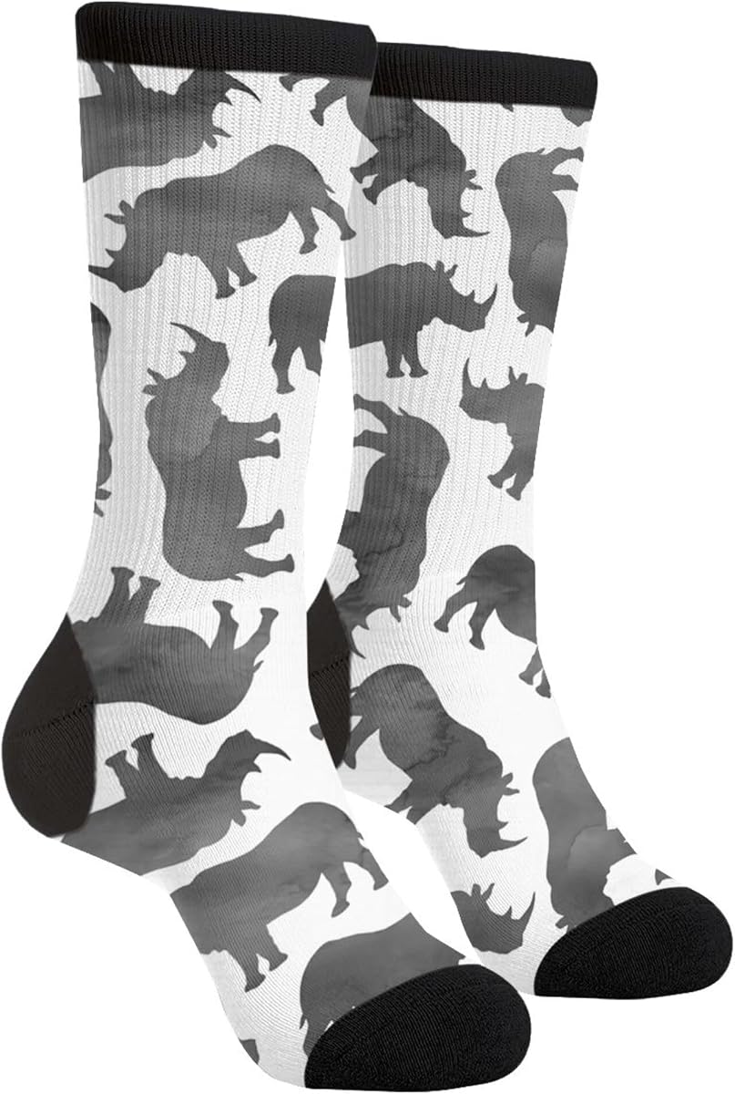Unisex Fun Novelty Crazy Crew Socks Tiny Watercolor Rhinos Monochrome Dress Socks