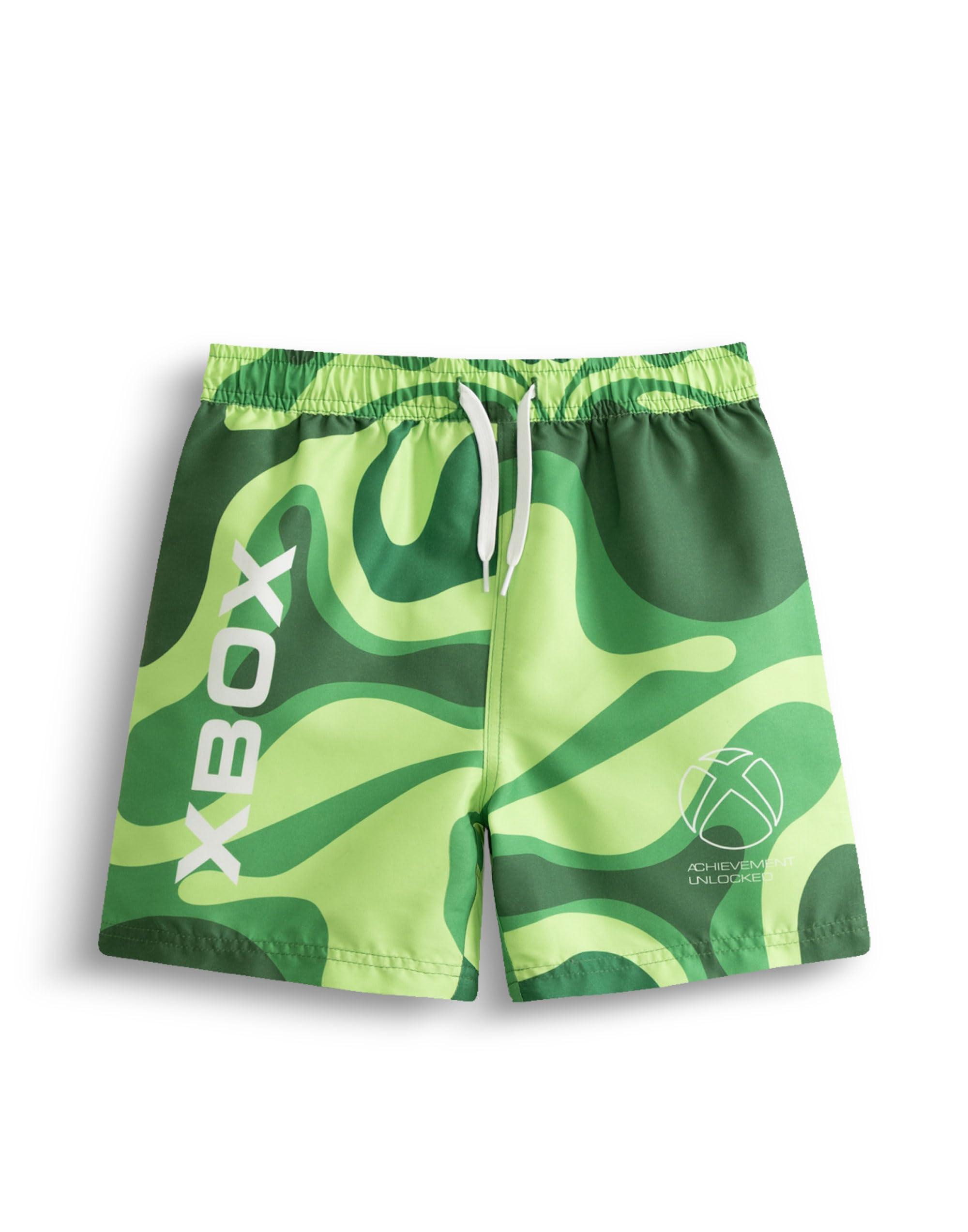 Xbox Boys Green Lime Swim Shorts | Achievement Unlocked Graphic Print | Elasticated Drawstring Waistband | Beach Holiday Swimwear | Kids Gaming Merch - 7-8 Years