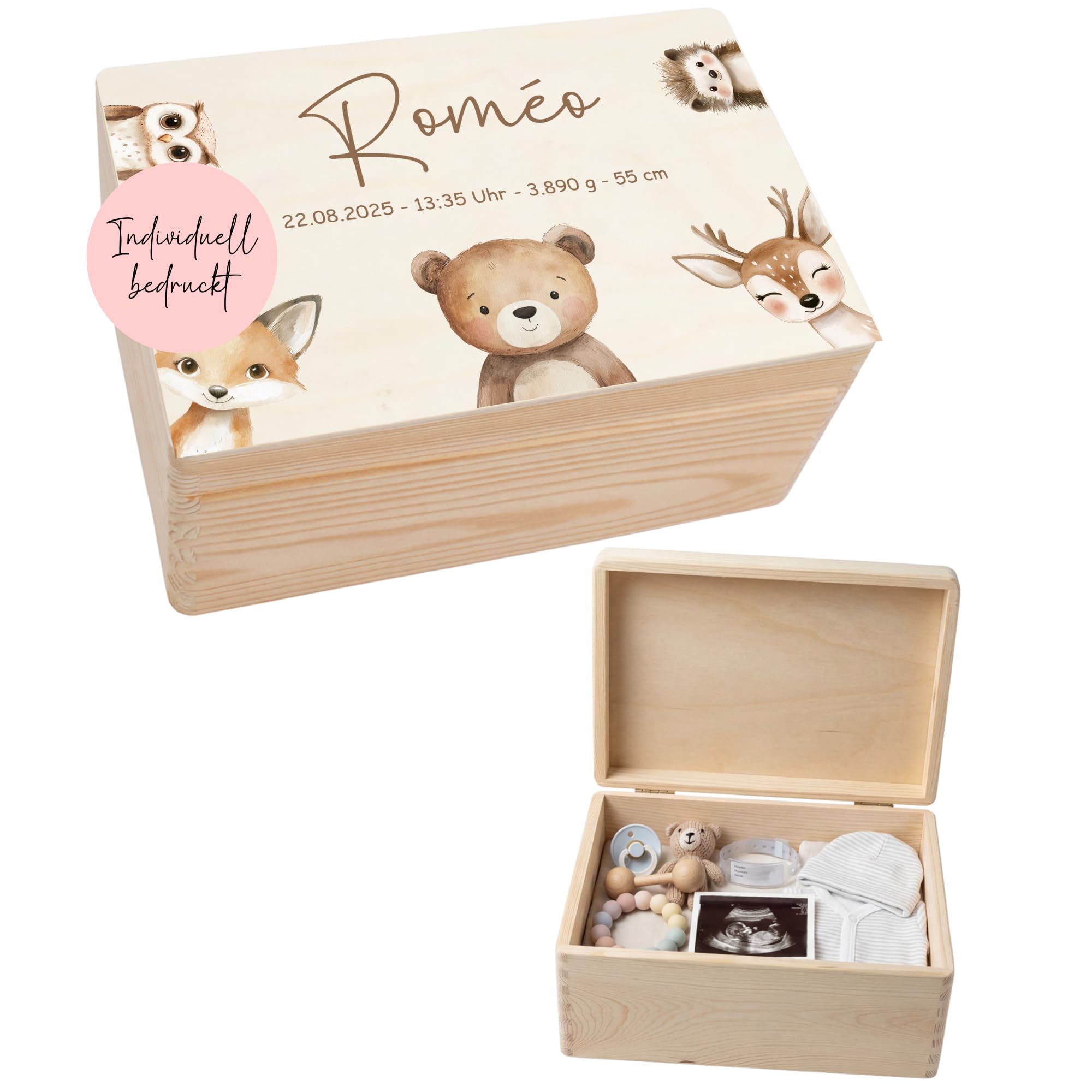 Dream Creative - Personalisierte Erinnerungskiste | Verschiedene Motive | Geschenkidee zur Geburt, Geburtstag, Taufe - Erinnerungsbox Baby (Bärenfreunde 2, Mittel | 40x30x14 cm)