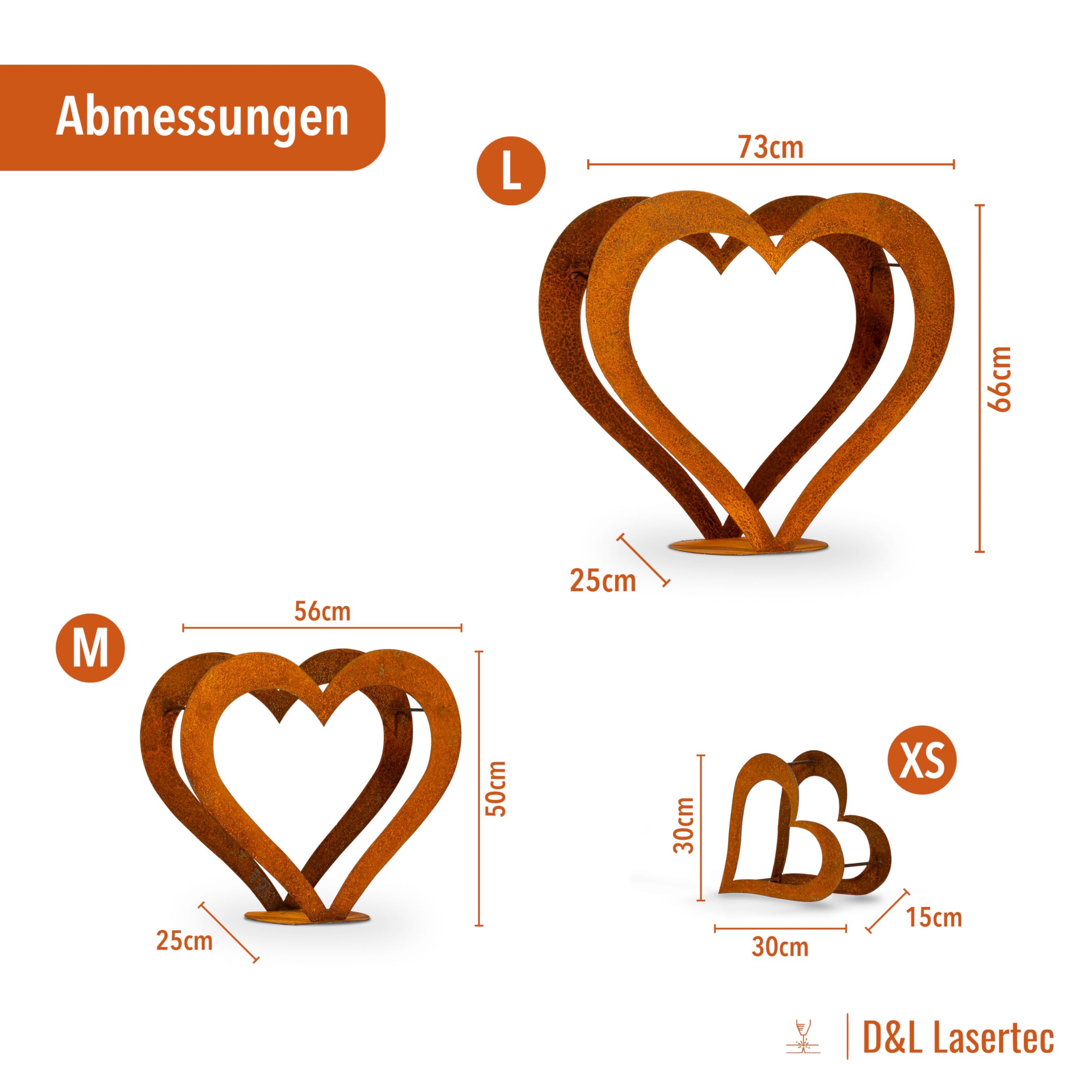 D&L Lasertec Kaminholzkorb, Herz aus Metall, Rost, Edelrost, Holzregal - Deko - SET M+L+XS
