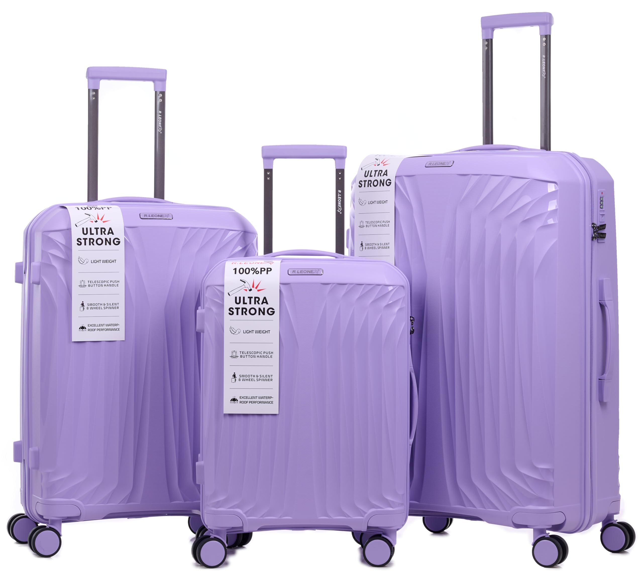 R.Leone Valigia da 1 Fino a Set 3 Bagaglio a mano 55x40x20 Ryanair, Medio, Grande Ultra Strong Antiurto Resistente Trolley rigido leggero 8 ruote in Polipropilene 8812 (Lilla, Set 3 Pezzi S M L)