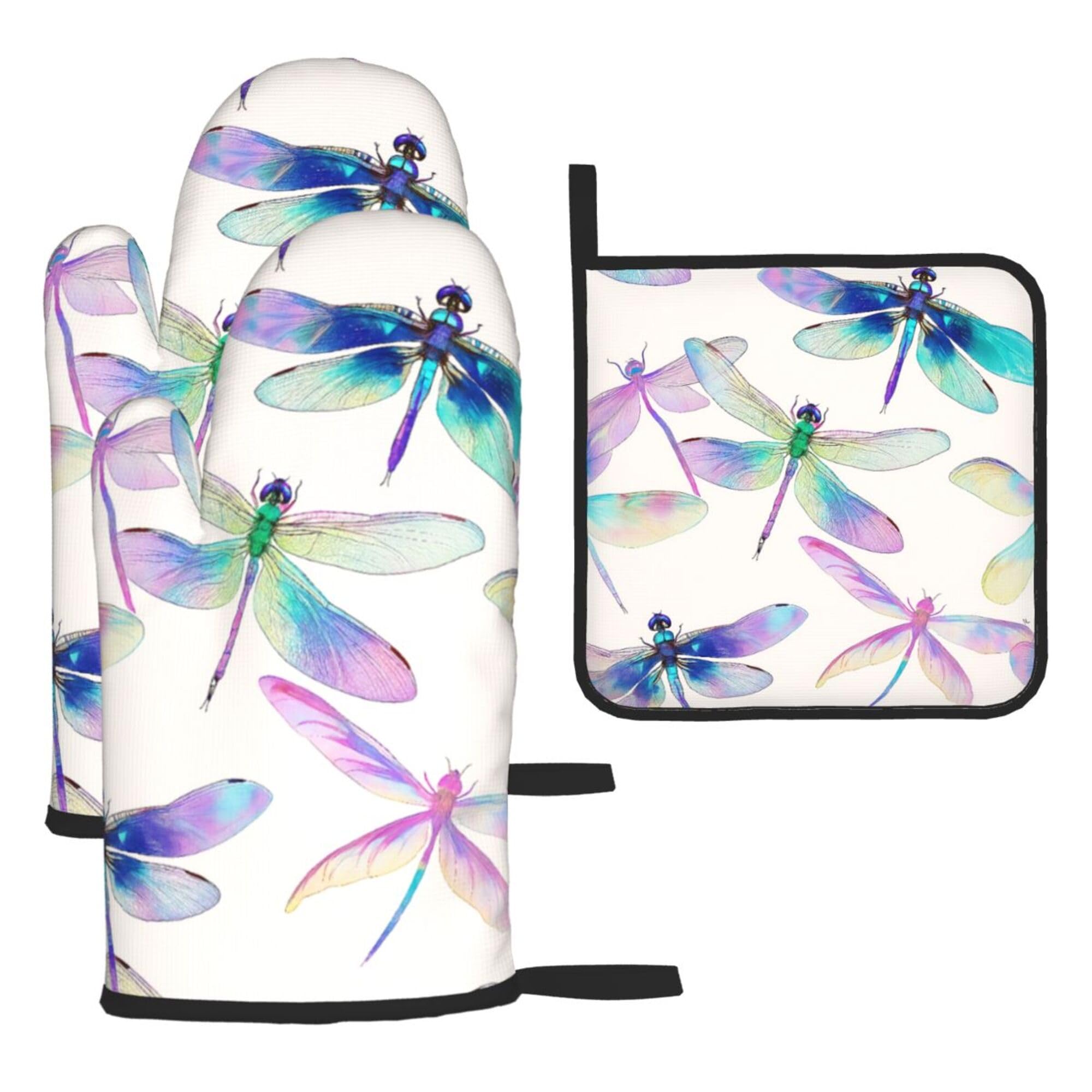 Fantasy Dragonfly Oven Mitts and Pot Holders 3pcs Set Heat Resistant Kitchen Gloves