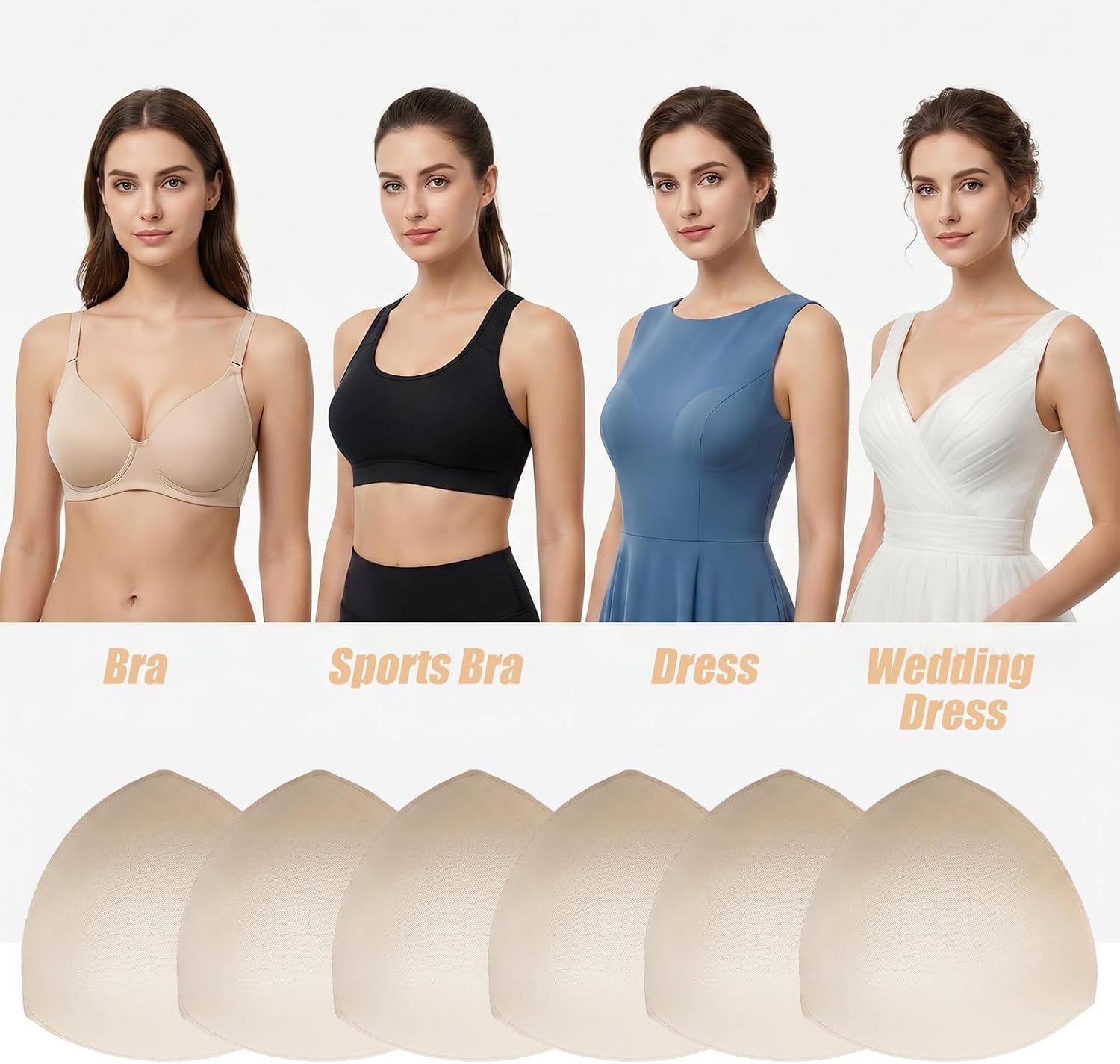 Amabro Bra Pads Inserts, 3 Pairs Sports Removable Bra A/B Cups Edge-Sewn Breathable Triangle Chest Breast Silhouette Enhancers Inserts for Women Dresses and Swimsuits Bikini(Beige)
