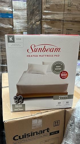 Sunbeam Restful - Protector de colchón con calefacción, 12 ajustes de calor, apagado automático, lavable a máquina, tamaño King, color blanco