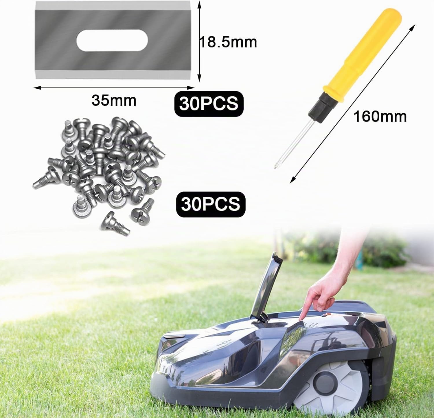 30 Pièces Lame Robot Tondeuses Avec Vis, Lames de Rechange en titane, Lame Tondeuse Robustes Et Pointues, Remplacement Facile,avec les Lames de Tondeuse Husqvarna, McCulloch, Flymo (Argent)