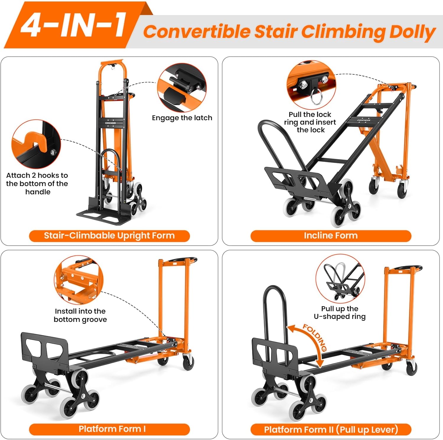 Heavy Duty Stair Climbing Hand Truck - 1000 LBS Capacity 4-in-1 Convertible Dolly Cart, Foldable Platform Utility Cart for Moving Boxes, Industrial Grade Steel Construction(Orange)