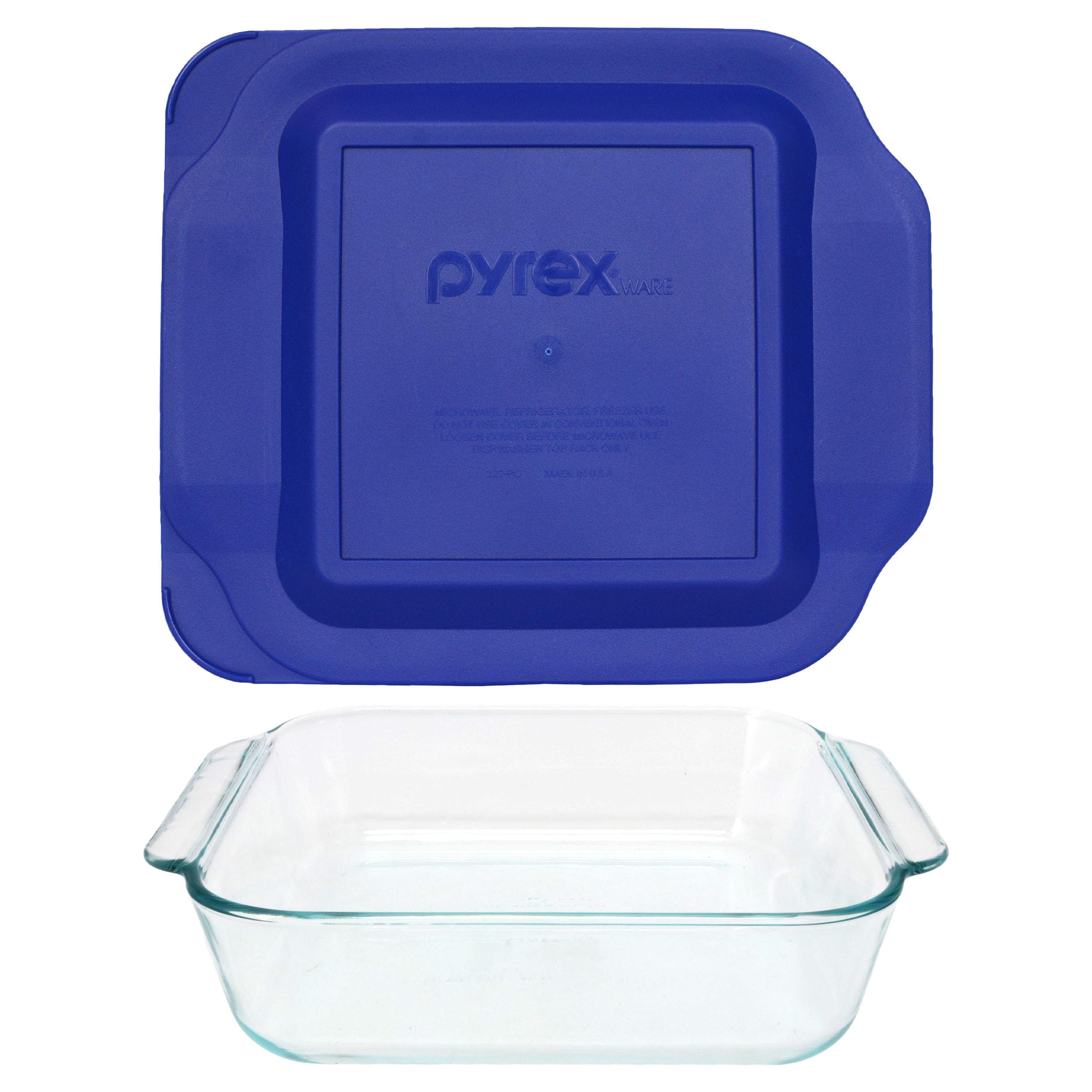 222 2-Qt Glass Baking Dish & 222-PC Blue Lagoon Lid - Made in USA | 8" x 8" Pan | Brownies & Cornbread | Cakes & Cinnamon Rolls | Casseroles & Side Dishes | Oven, Microwave & Freezer Safe