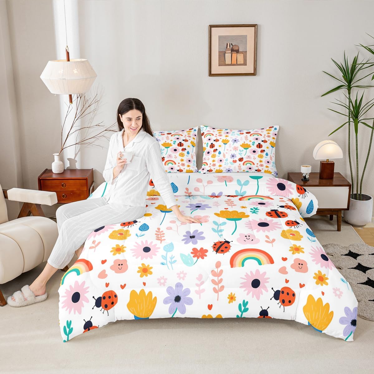Feelyou Floral Bedding Set Soft for Boys Girls, Butterfly Comforter Set Twin Size Cute Duvet Quilt Microfiber Rainbow Bedroom Decor Garden Plant 2 Pcs with 1 Pillow Cases
