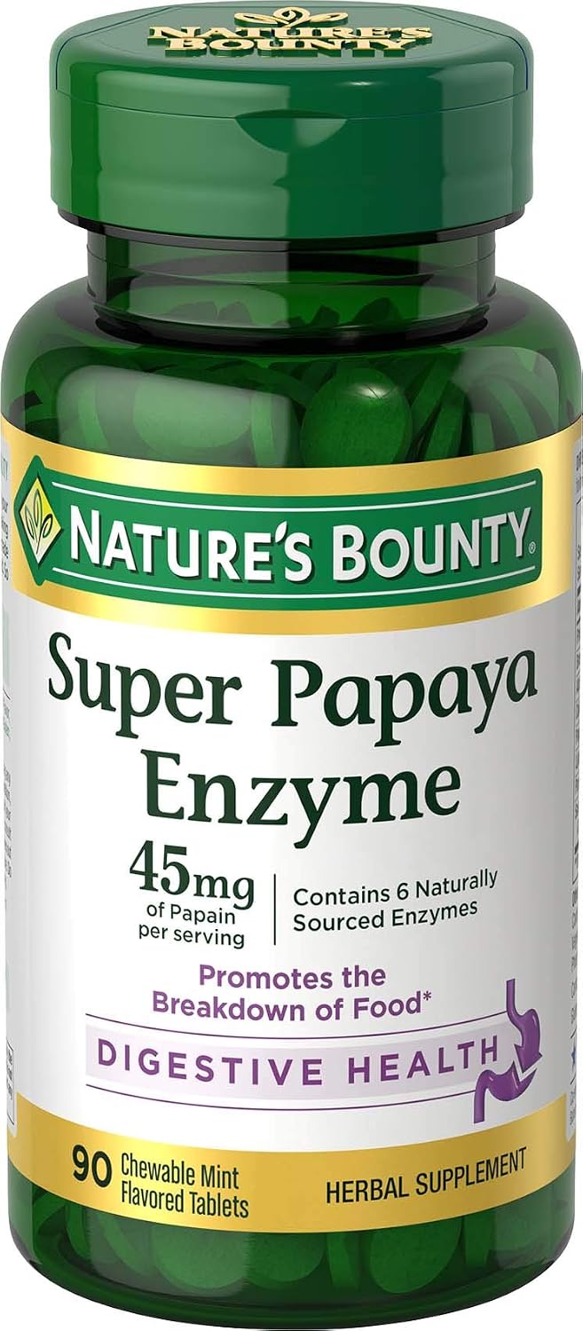 Nature's Bounty Super Papaya Enzyme, Herbal Supplement, Supports Digestive Health, Mint Flavor, 45mg, 90 Chewable Tablets